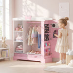 AIYAPLAY Kids Wardrobe, Children Dress Up Storage With Lighted Mirror, Pink