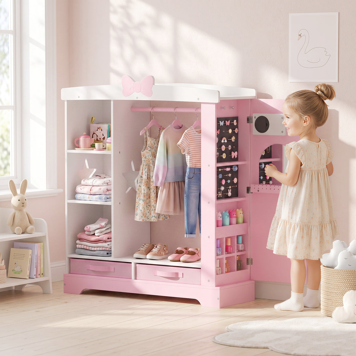 AIYAPLAY Kids Wardrobe, Children Dress Up Storage With Lighted Mirror, Pink