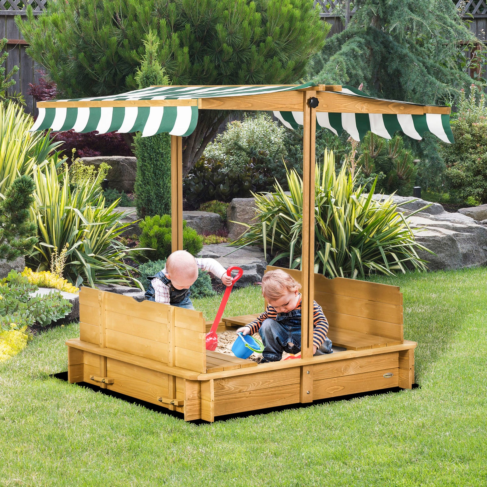 Kids Square Wooden Sandpit Children Cabana Sandbox Outdoor Playset | Brown