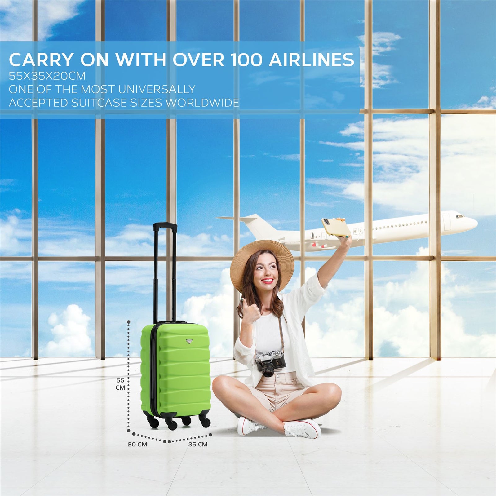 55x35x20cm Cabin Carry On Suitcase Hard Shell Overhead Luggage 100+ Airlines Approved | Cabin | Green