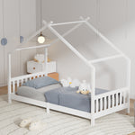 Kids Pine Wood House Bed Frame With Guardrails – 190cm X 90cm Low Design White  Toddler Single Bed