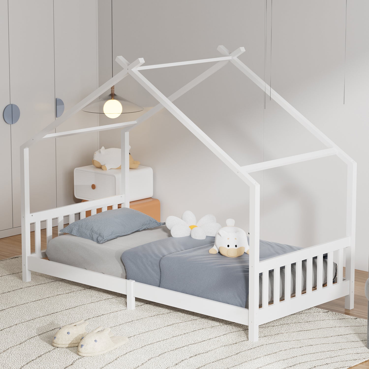 Kids Pine Wood House Bed Frame With Guardrails – 190cm X 90cm Low Design White  Toddler Single Bed