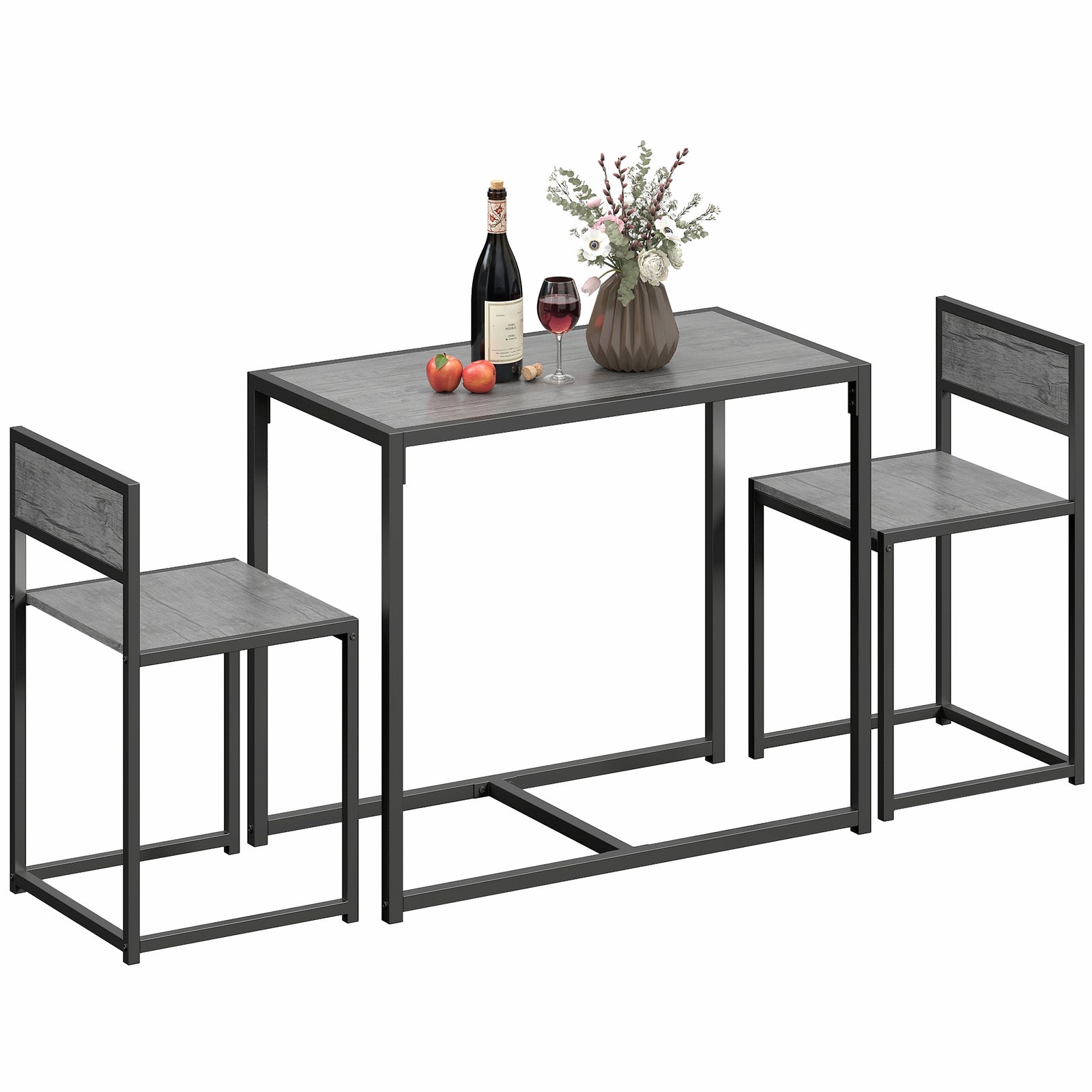 3 Piece Dining Table Set With Metal Frame | Charcoal Grey