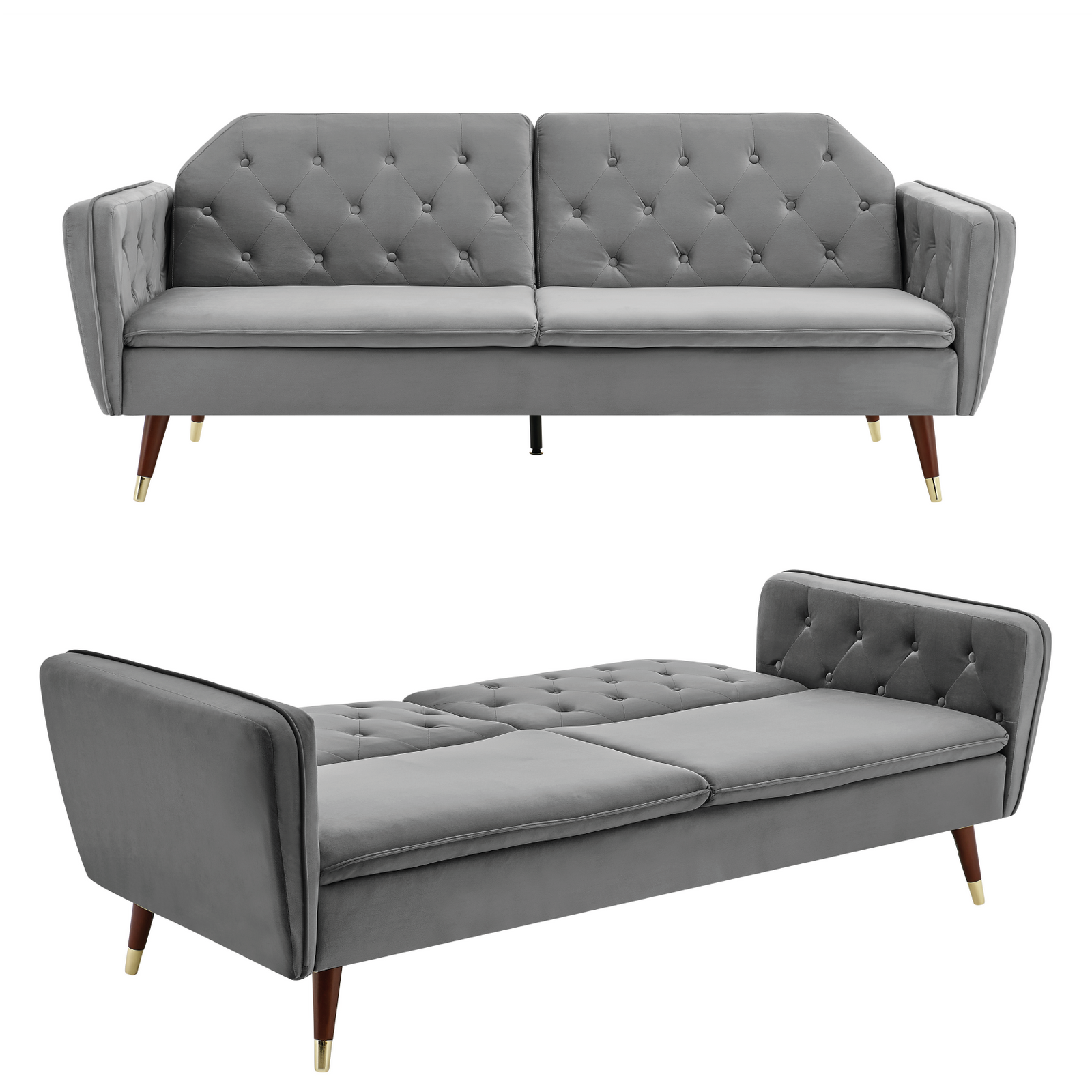 Velvet Click Clack Button Back Sofa Bed - 3 Seater | Grey
