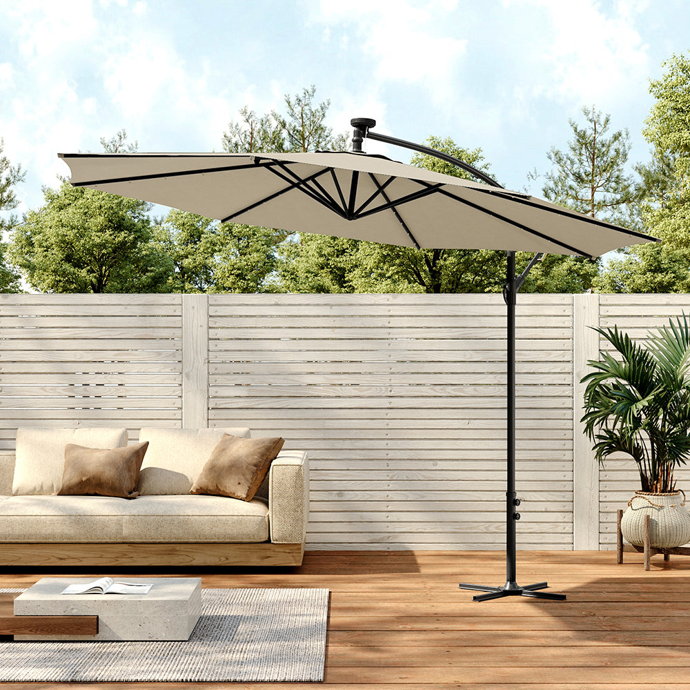 3 M Banana Patio Umbrella Cantilever Garden Parasol With Solar-powered 32 Led Lights, Crank For Opening Closing With Cross Base | One Size | Beige