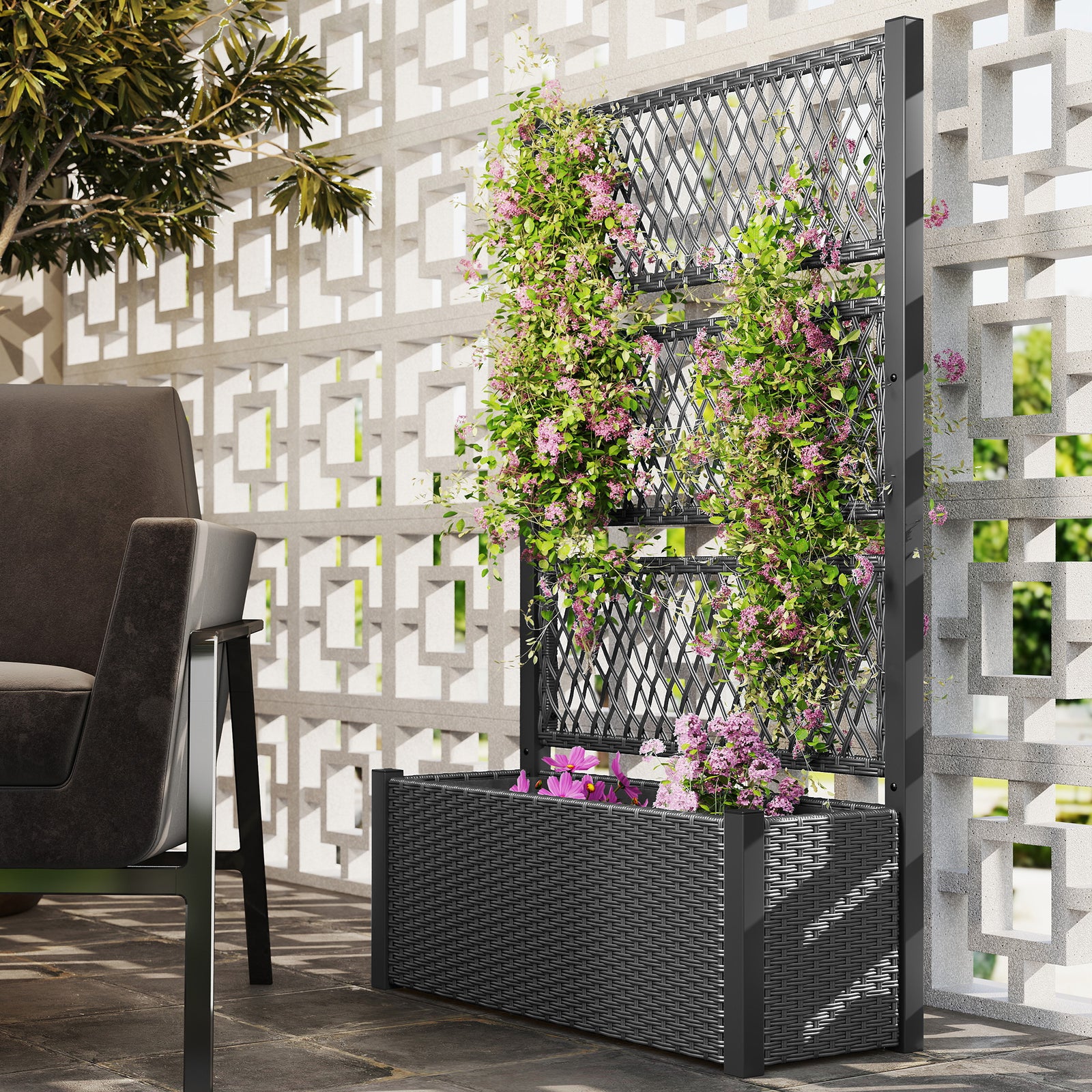 Garden Planter Box With Trellis, Rattan Raised Bed | Charcoal Grey