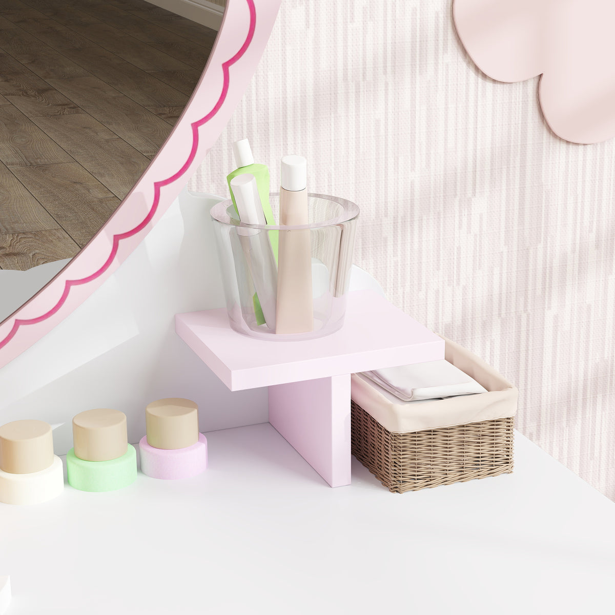 Kids Dressing Table Set, Heart Theme Vanity Table With Stool, Mirror, Drawer