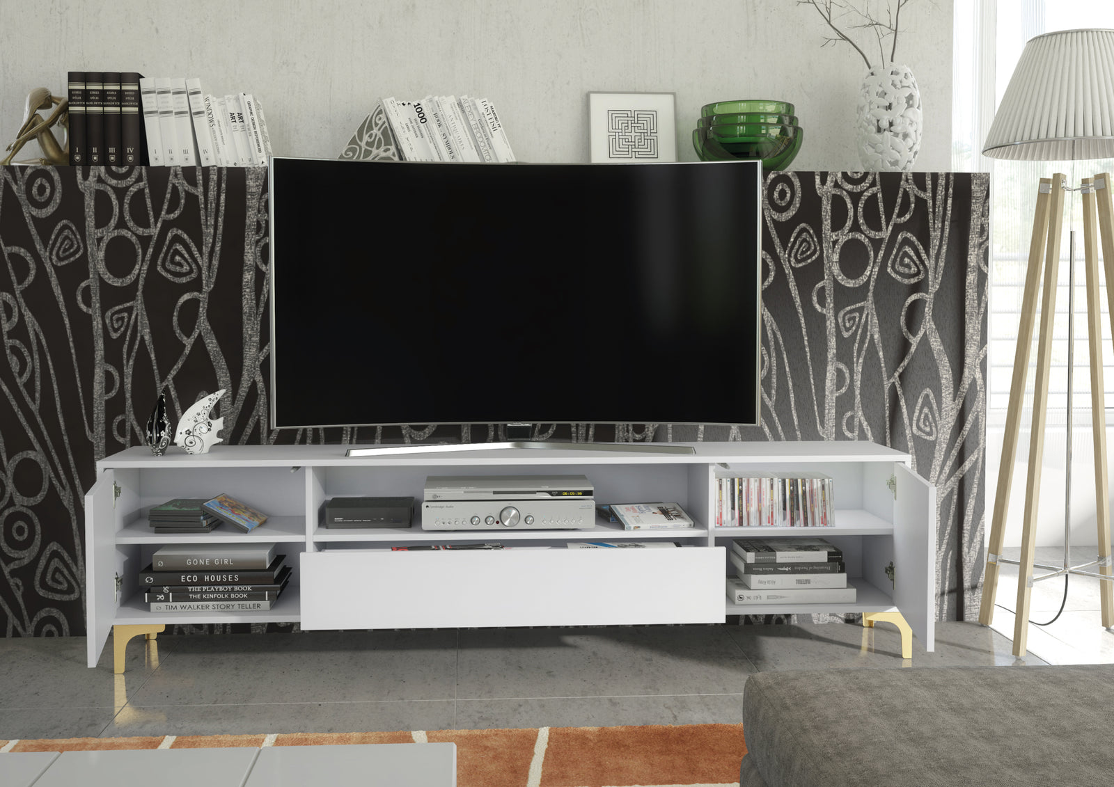 Tide Crest Gold Tv Unit 200cm - Fluted Design | White