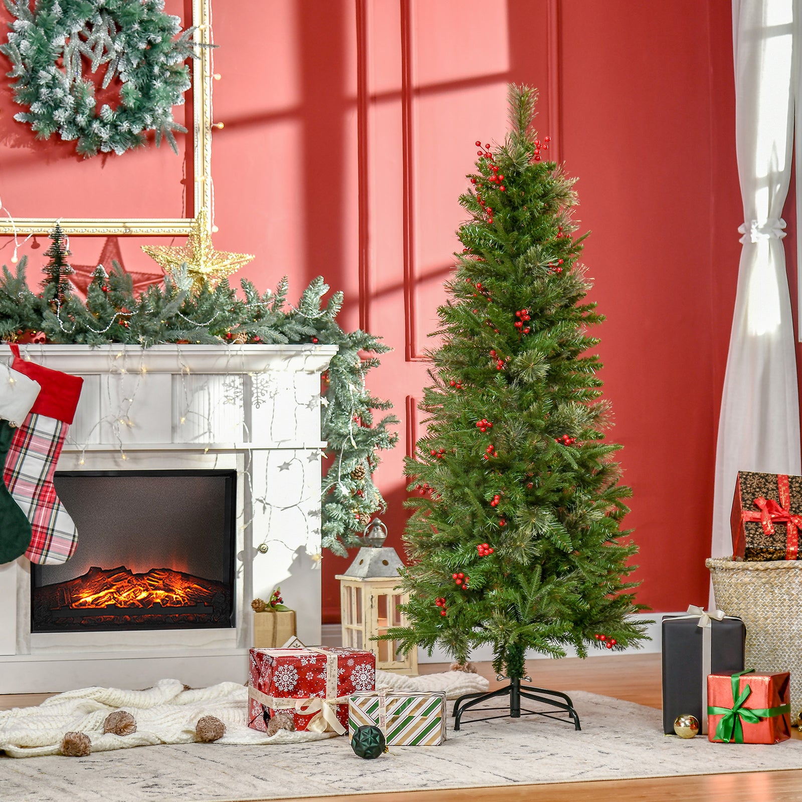 5/6/7ft Pencil Shape Christmas Tree, Berries | 5ft | Green
