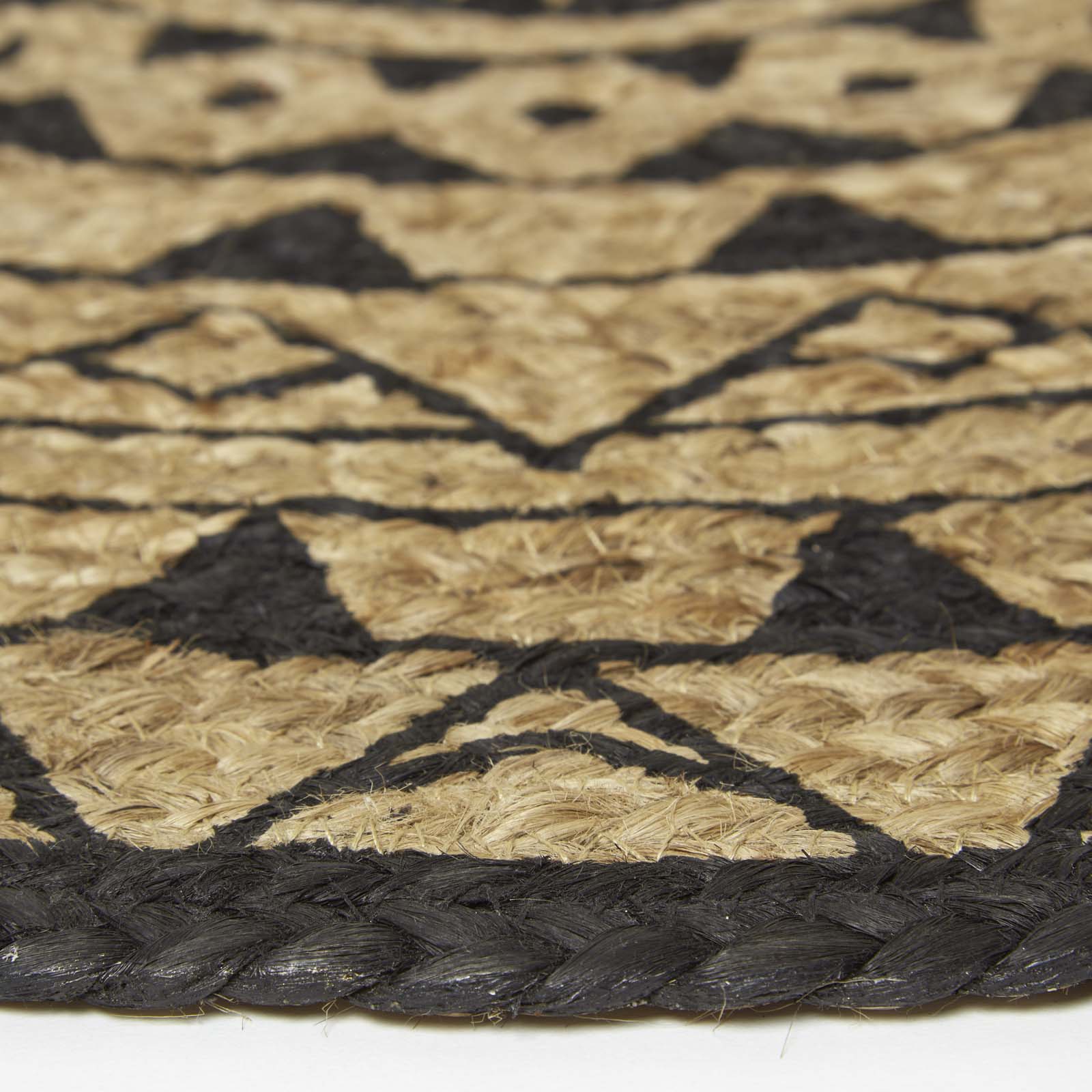 Natural & Black Mandala Braided Jute Rug Round | 70cm x 70cm | Black