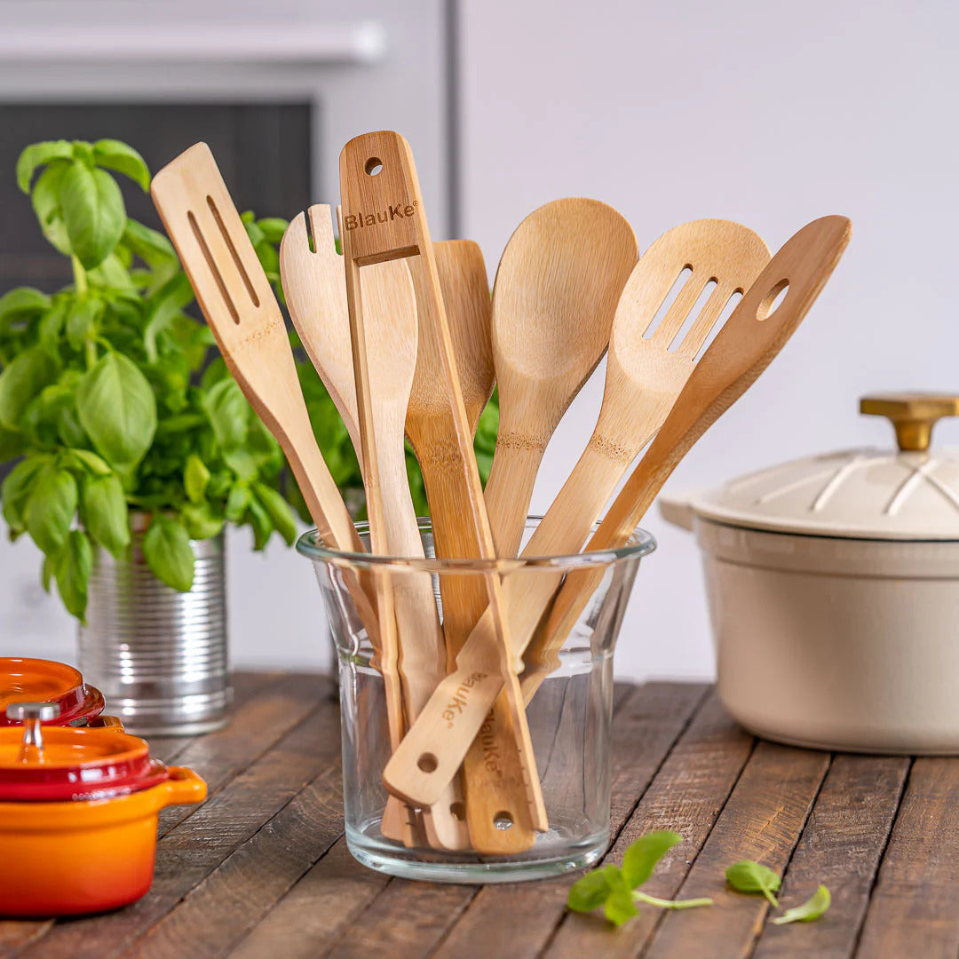 BlauKe Wooden Kitchen Utensils Set Of 7 - Bamboo Cooking Utensils For Non-stick Cookware - Wooden Spatulas, Wooden Spoons, Tongs