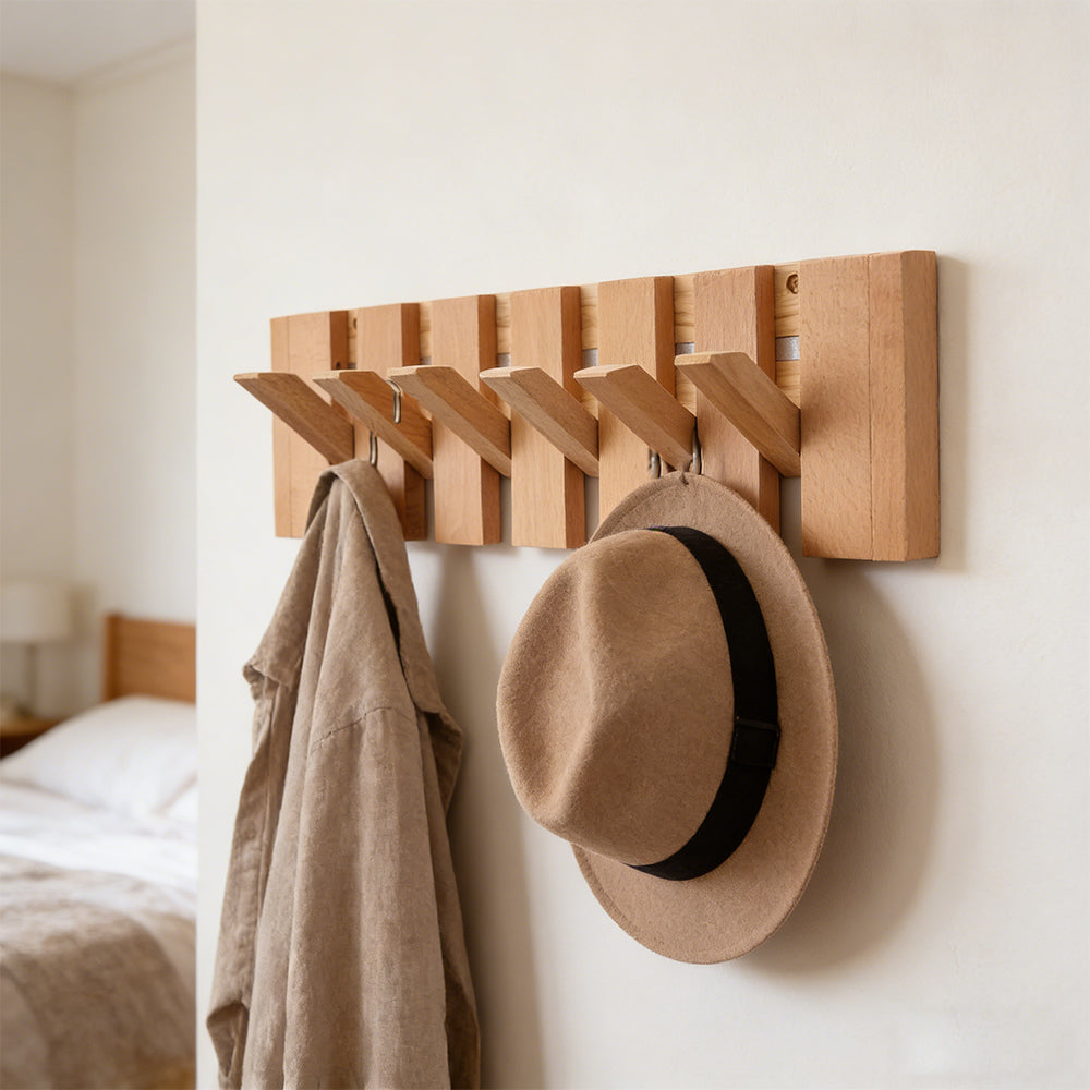 Wall-mounted Solid Wood Coat Rack With 6/8 Flip-down Hooks, Piano Key Design | Small | Natural