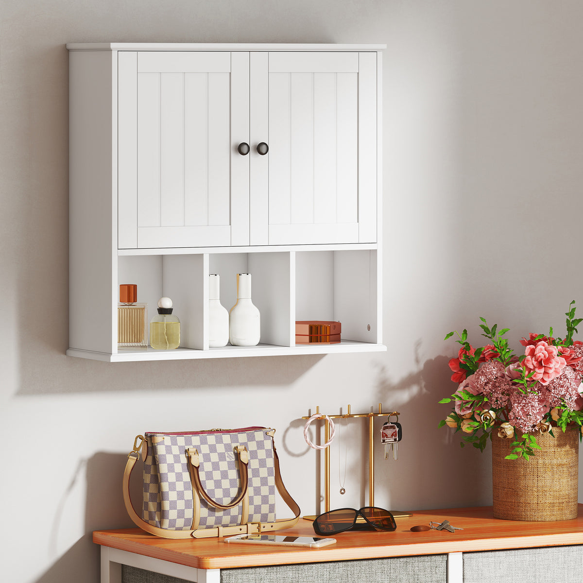 HOMCOM Bathroom Wall Cabinet, Medicine Cabinet With Open Compartments, Shelf