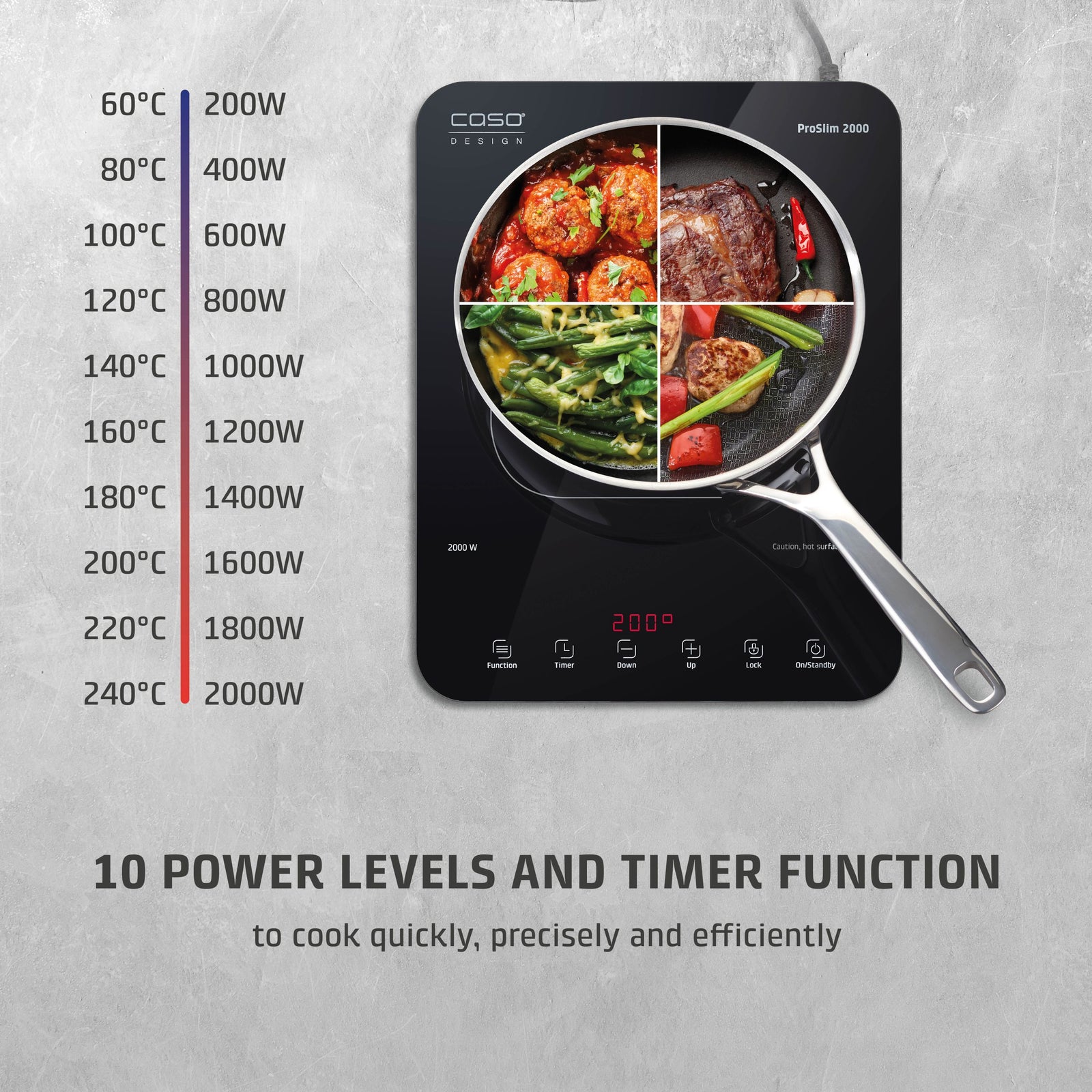 CASO Design Proslim 2000 Portable Induction Hob, Single Electric Hob With 10 Power Levels Up To 240°c