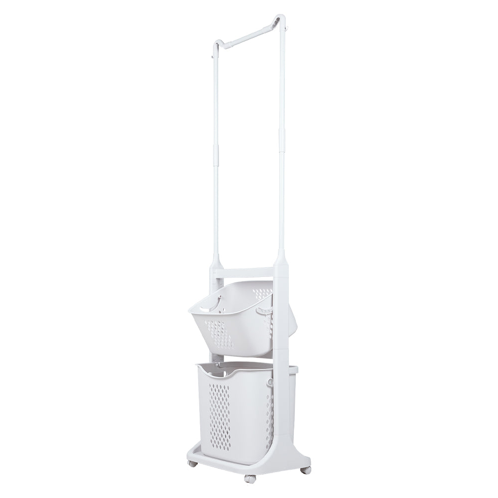 Living and Home 2-tier Plastic Rolling Laundry Baskets With Hanging Rack