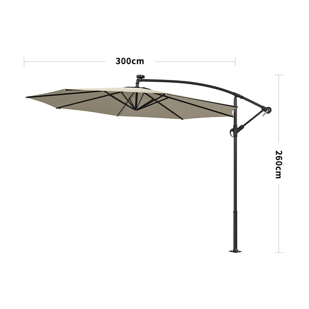 3 M Banana Patio Umbrella Cantilever Garden Parasol With Solar-powered 32 Led Lights, Crank For Opening Closing Without Base | One Size | Beige