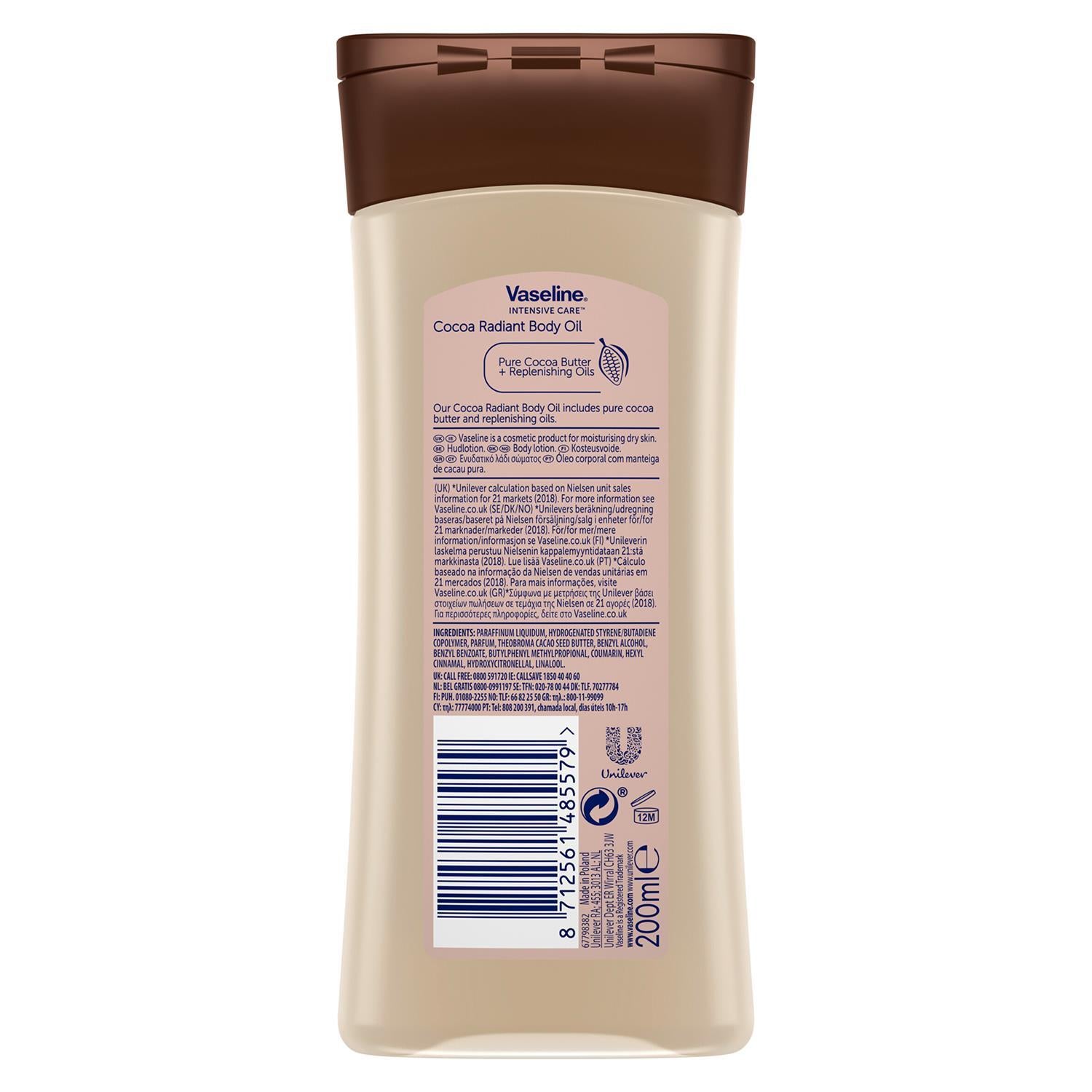 Body Gel Oil Intensive Care Cocoa Radiant Pure Cocoa Butter 200ml, 6pk
