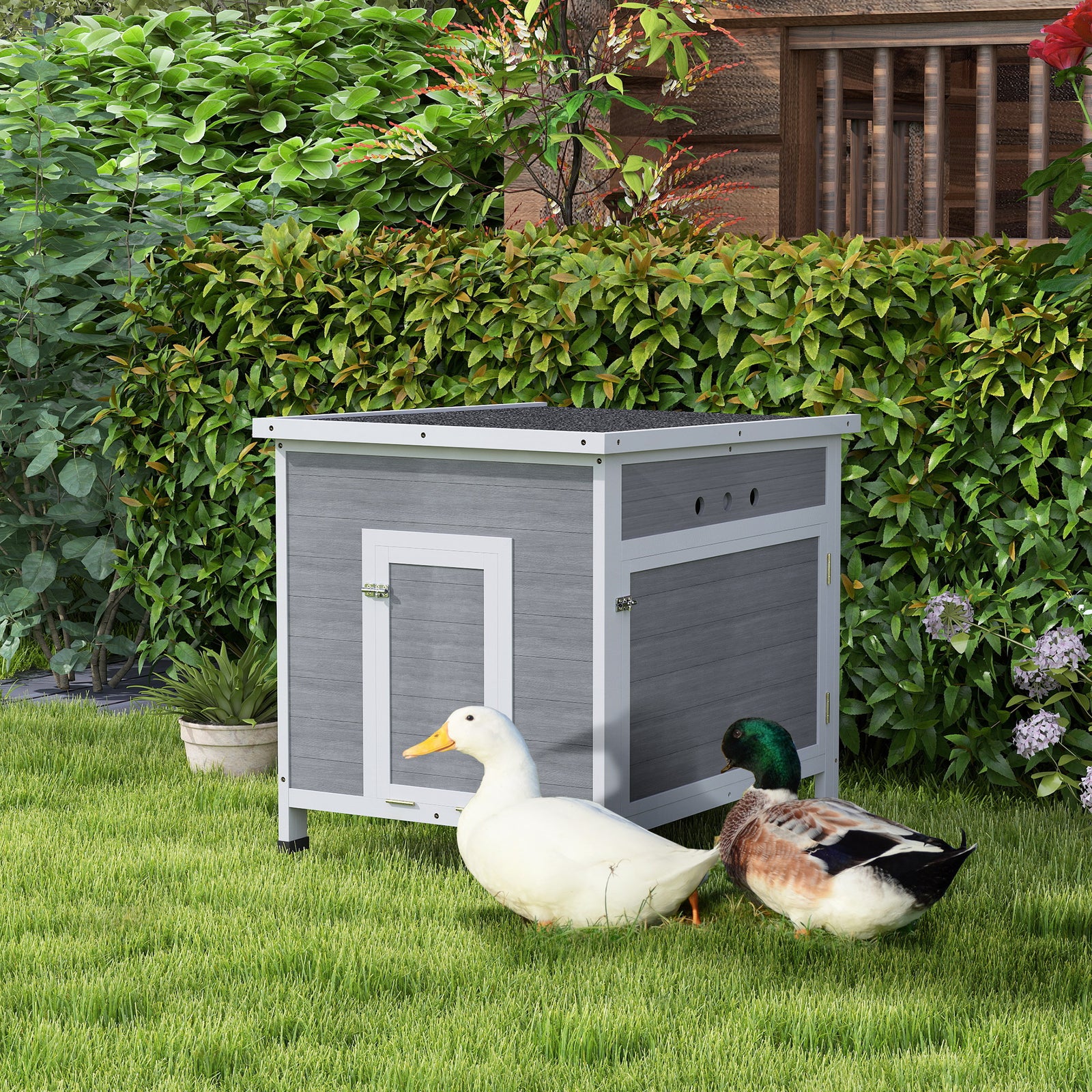 Wooden Duck House, Poultry Coop W/ Double Doors, Openable Roof, Grey | Light Grey
