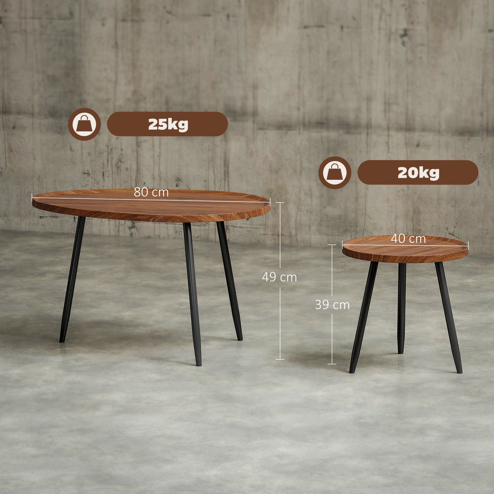 HOMCOM 2 80cm Sofa Side Table Set Of 2 With Metal Legs, Chestnut Wood Effect