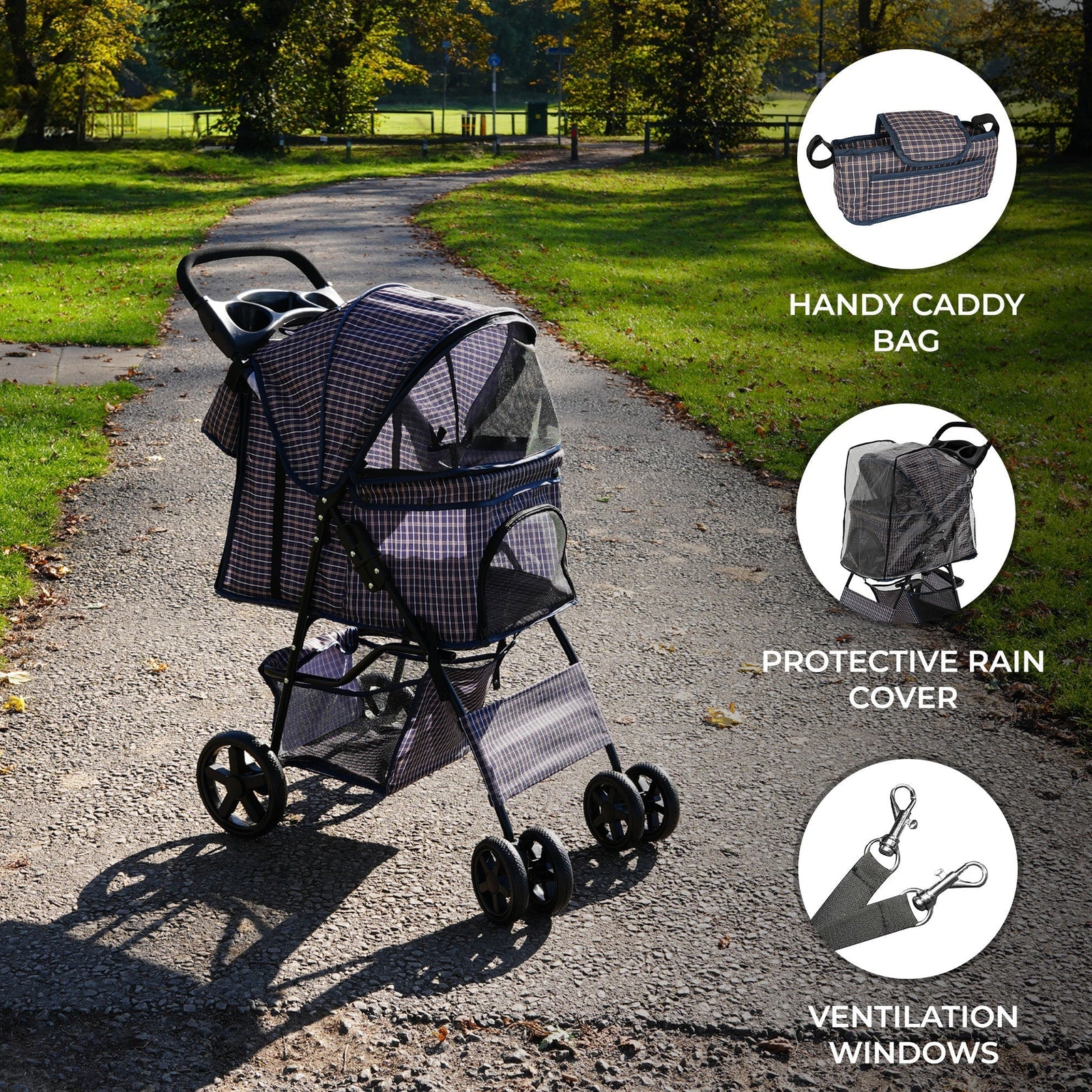 Pet Stroller With Rain Cover & Caddy Bag | Tartan