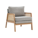 Well-crafted Modern Fabric Armchair With Wooden Frame And Caned Sides, Fluffy Backrest And Thick Cushions | Grey
