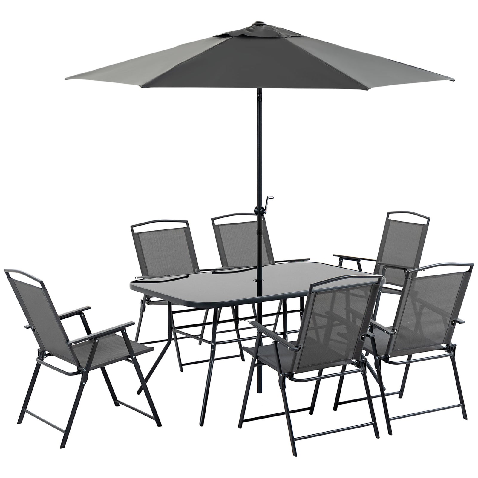Garden Furniture Set W/ Parasol And Folding Chairs For Patio | 8 | Black