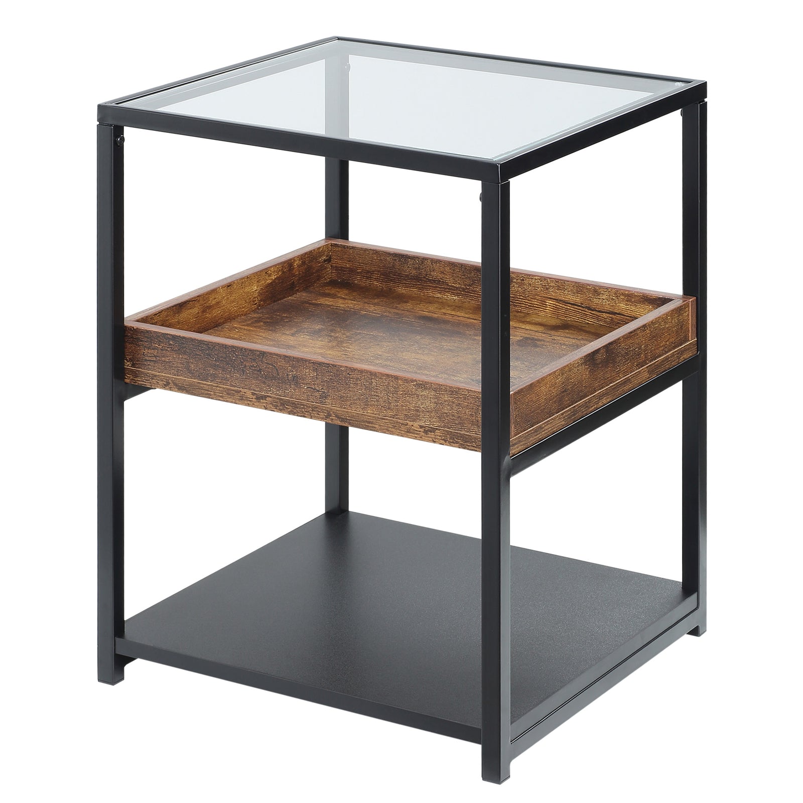 Industrial Side Table W/ 3-tier Storage Shelves | Brown