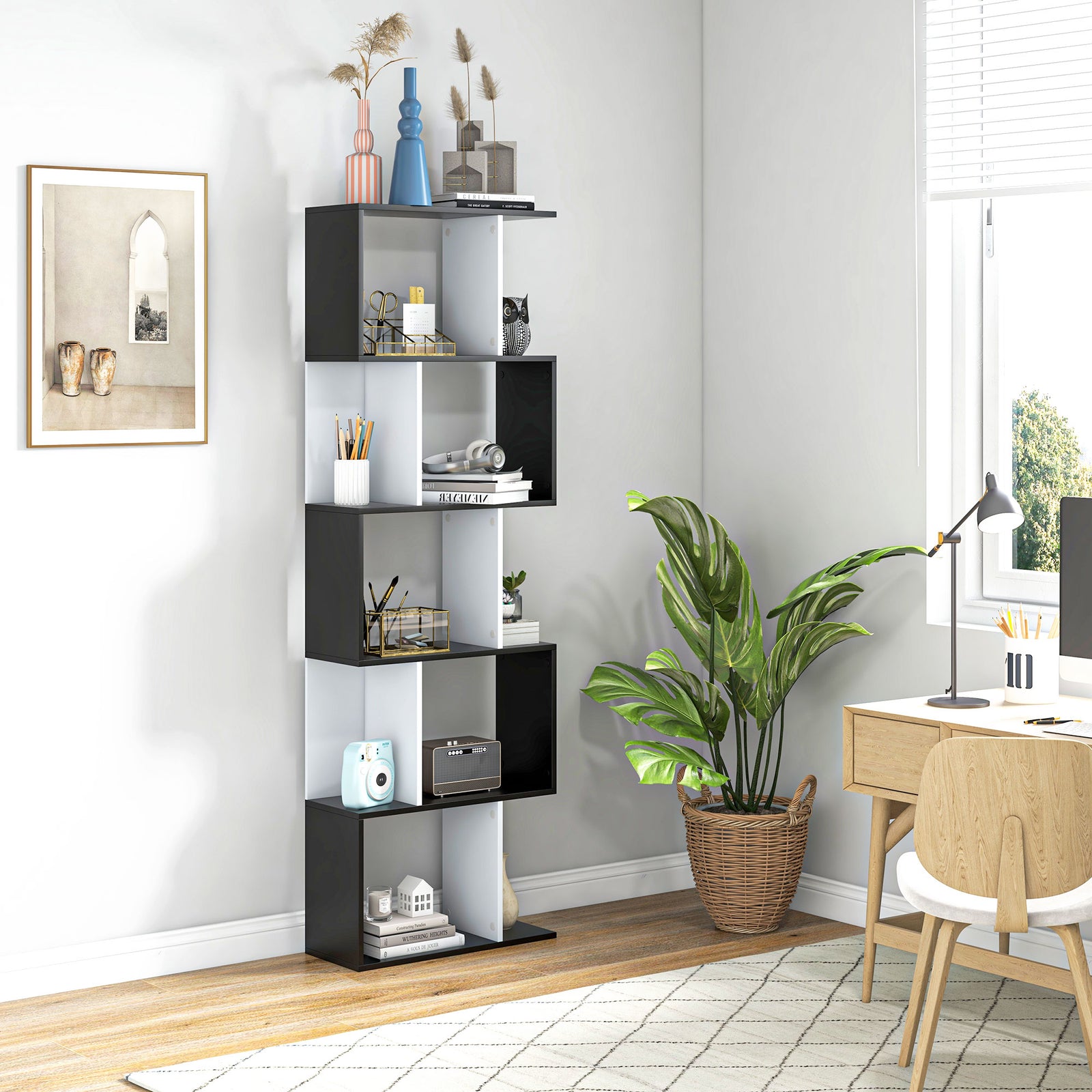 5-tier Bookcase Storage Display Shelving S Shape Design Unit | One Size | Black