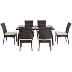6 Seater Rattan Dining Set With Rectangular Glass Top Table | Brown