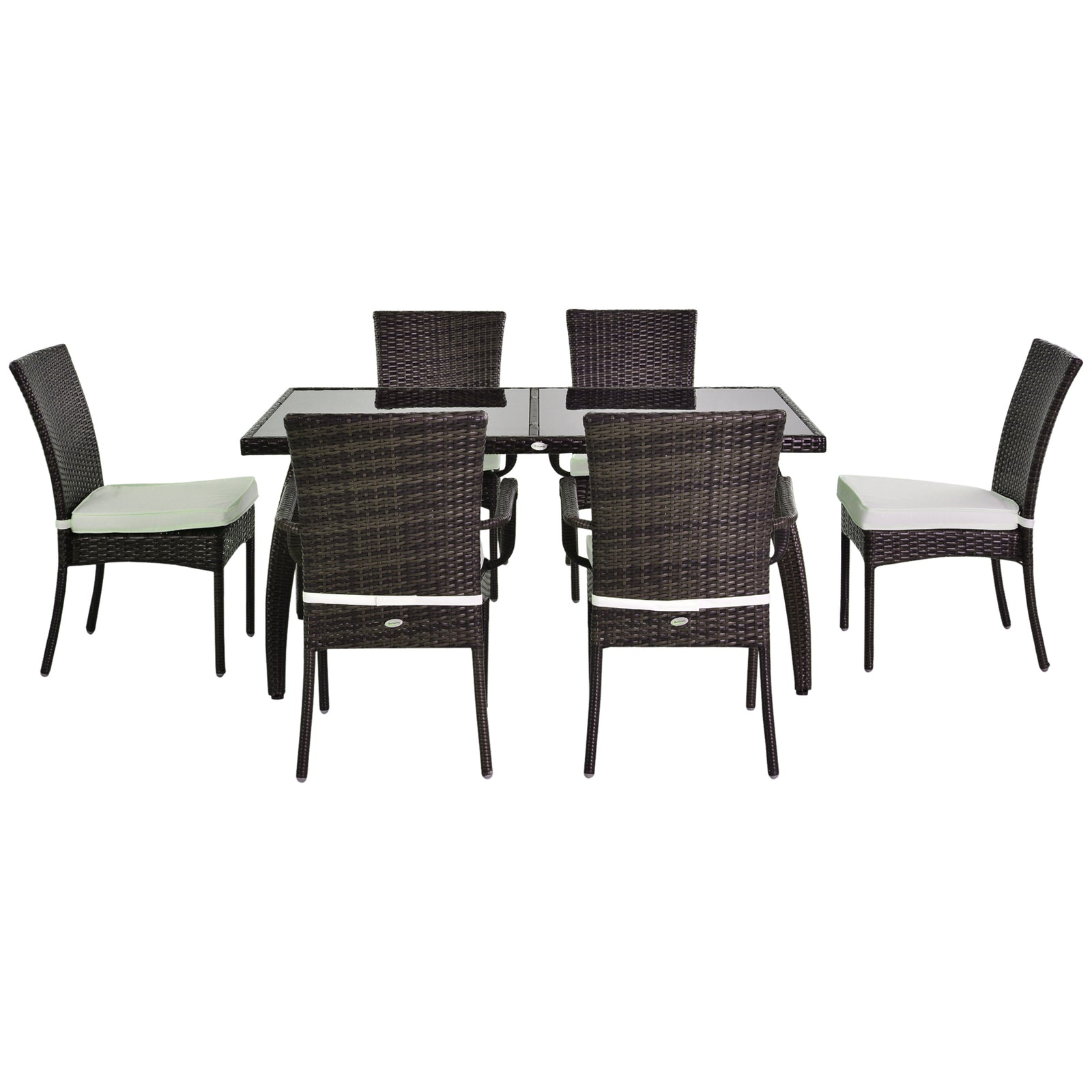 6 Seater Rattan Dining Set With Rectangular Glass Top Table | Brown