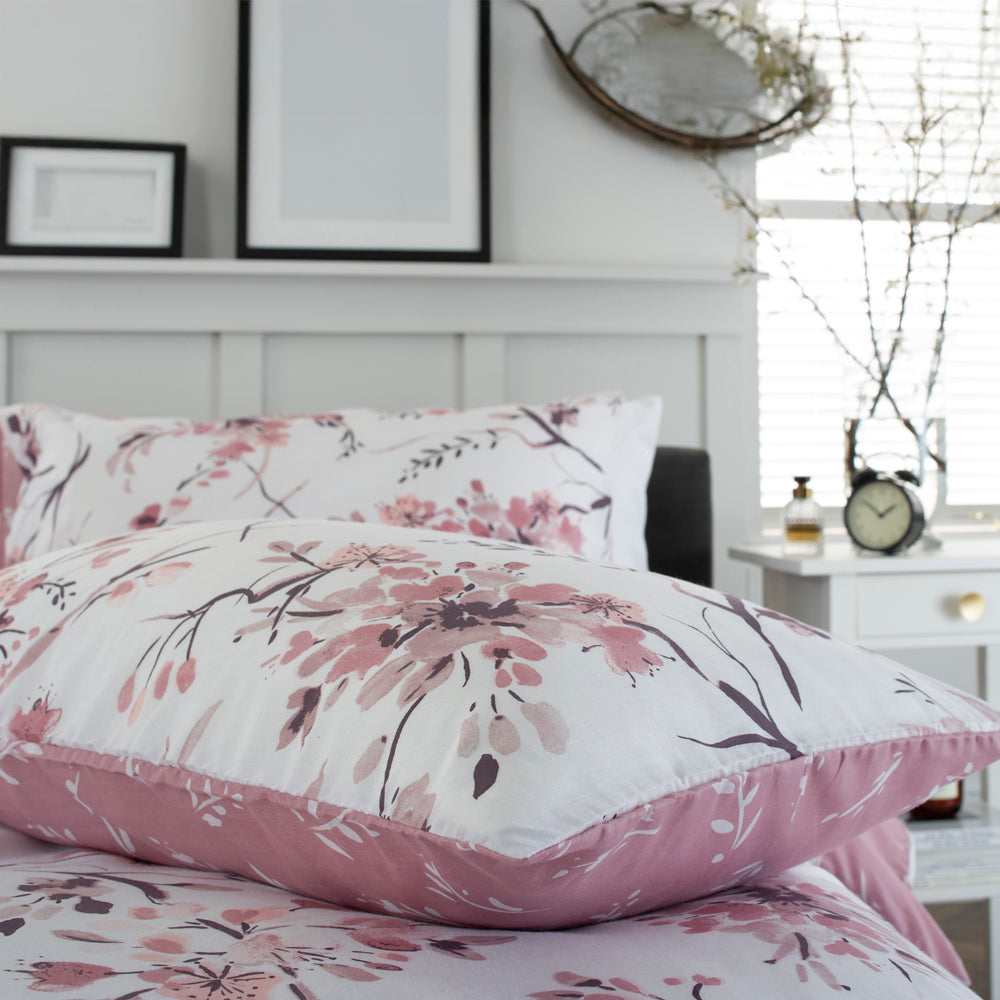 Cherry Blossom Pink Cotton Rich Reversible Duvet Cover Set | Single | Pink