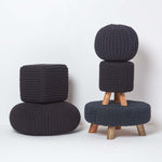 HOMESCAPES Black Large Round Cotton Knitted Pouffe Footstool