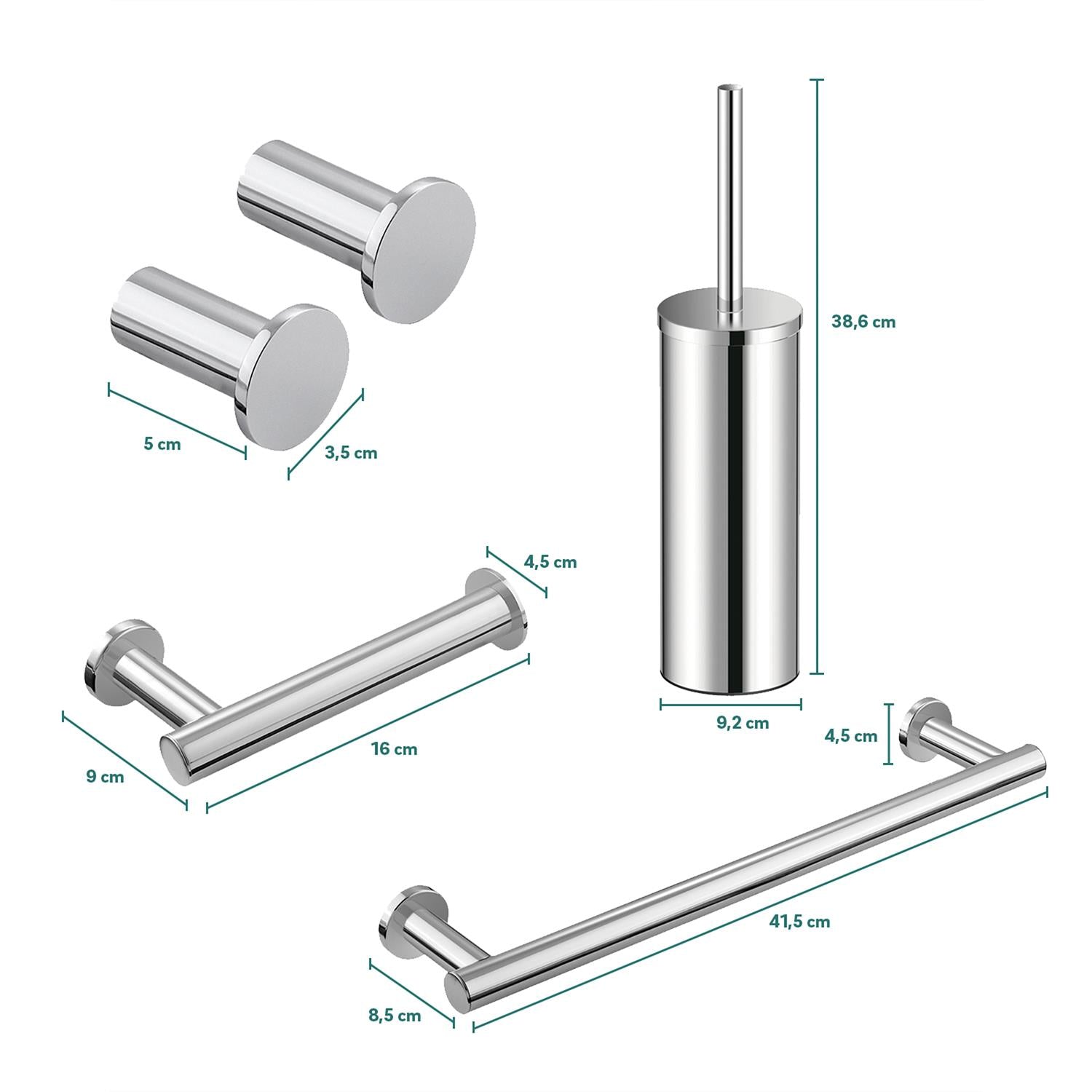 Bathroom Accessory Set Silver 5 Pcs Hooks Rail Toilet Brush& Paper Holder