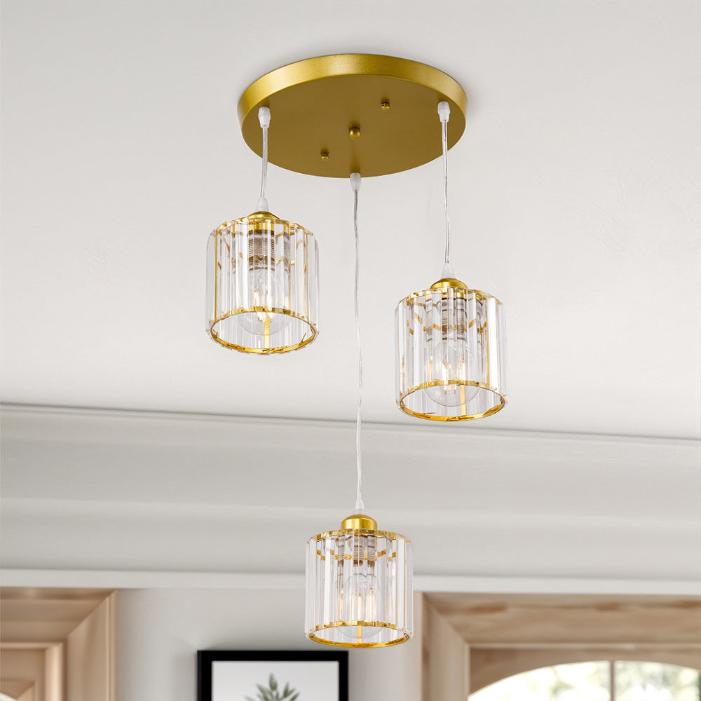 Modern 3-light Pendant Ceiling Light Adjustable Hanging Fixture With Crystal Glass Shades | Gold