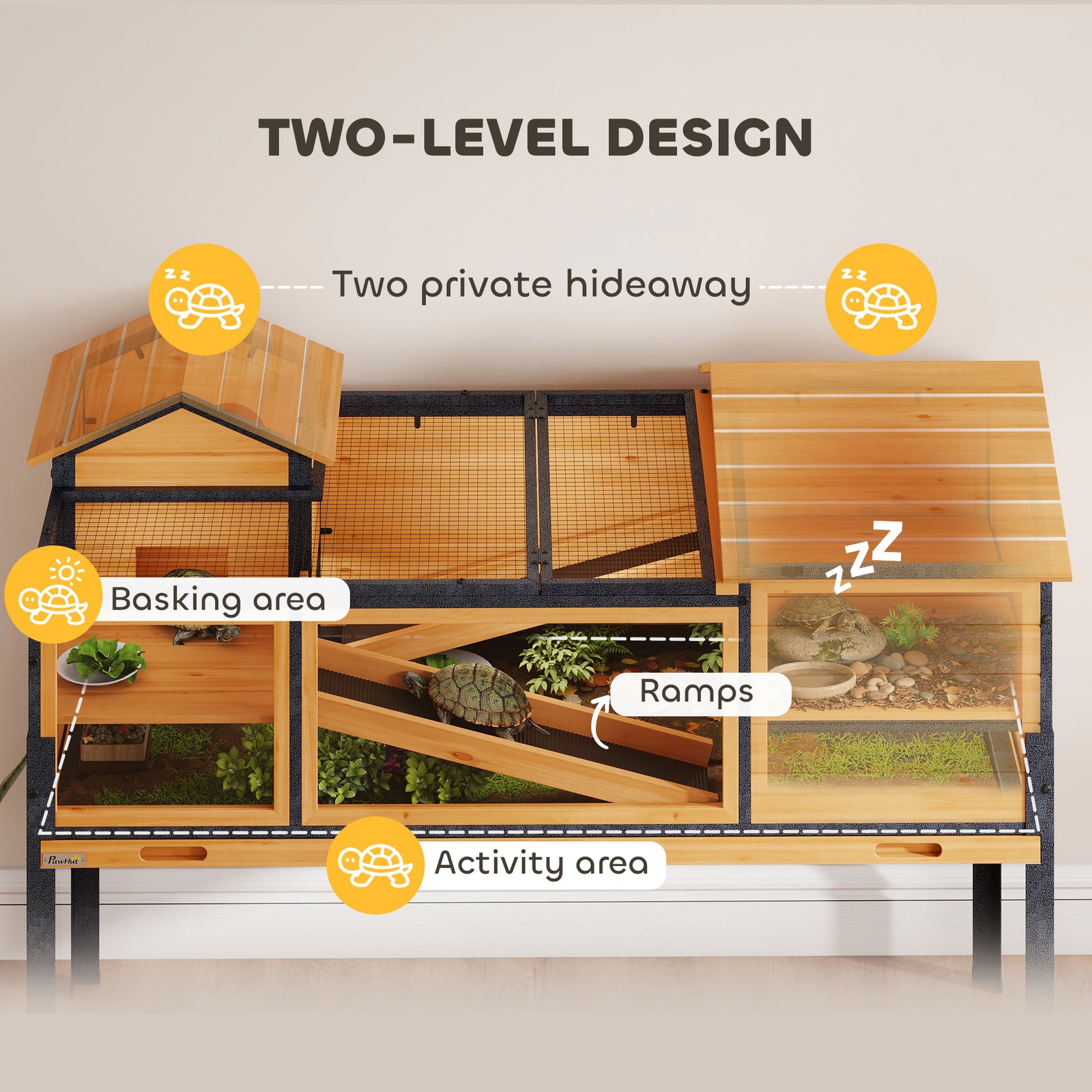 PawHut Wooden Tortoise House With Stand Legs, Observation Windows, Yellow