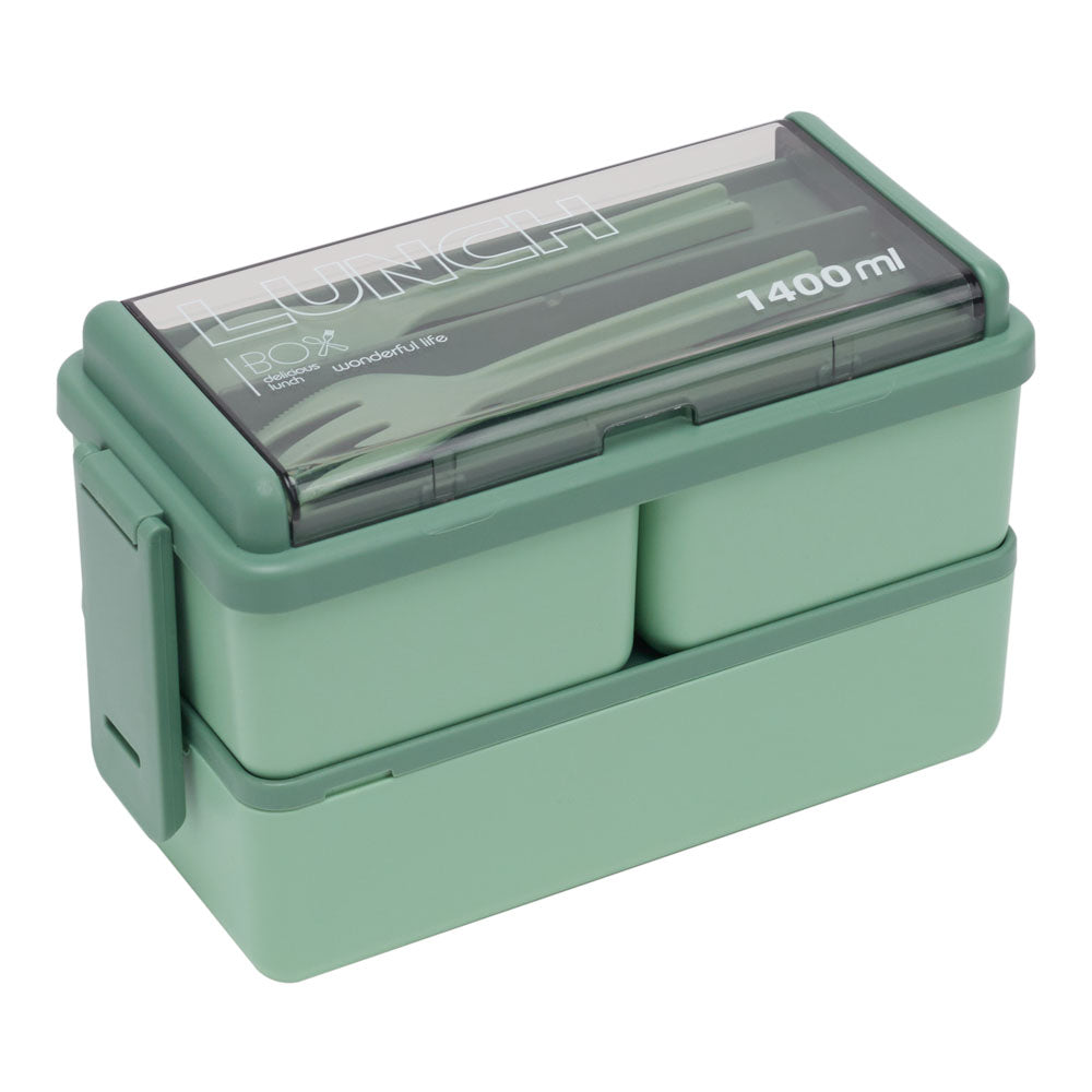 Dual-layer Plastic Bento Lunch Box With Cutlery | Green