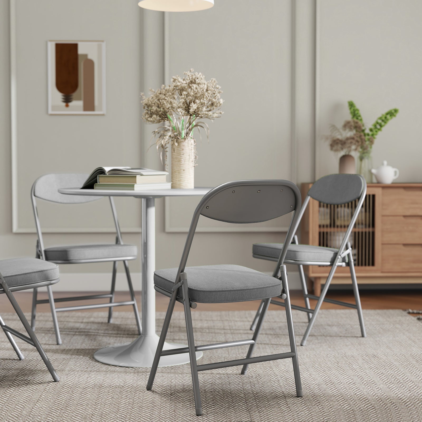 Folding Chairs Set Of 4 With Cushioned Seat, Steel Frame, Grey | Grey