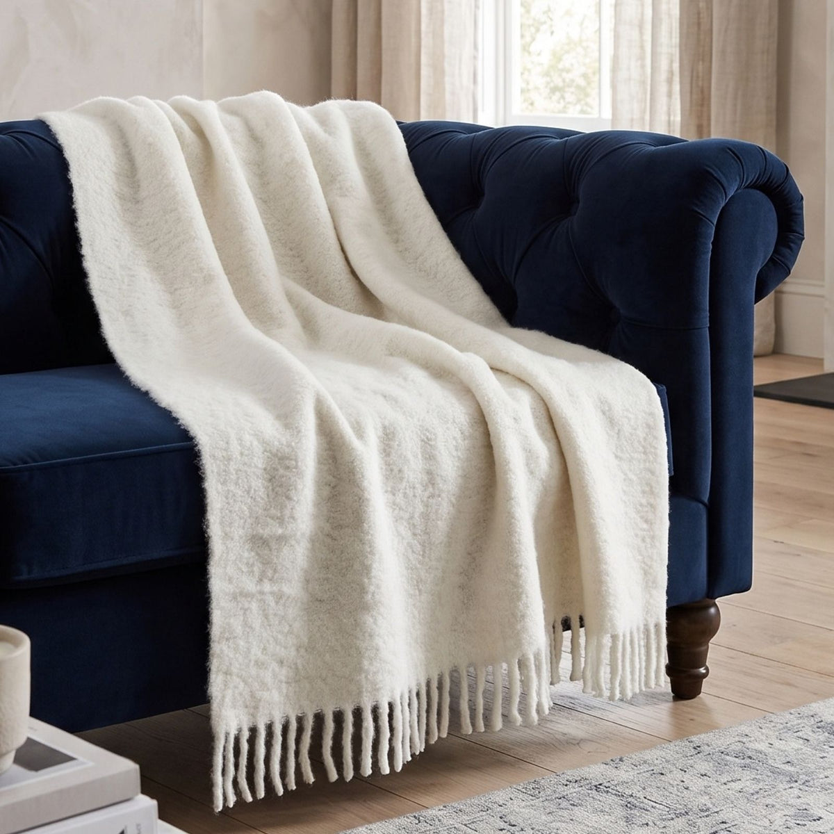 Pure Handmade Halo Wool Blend Bed & Sofa Throw Blanket | 130cm x 170cm | Ivory