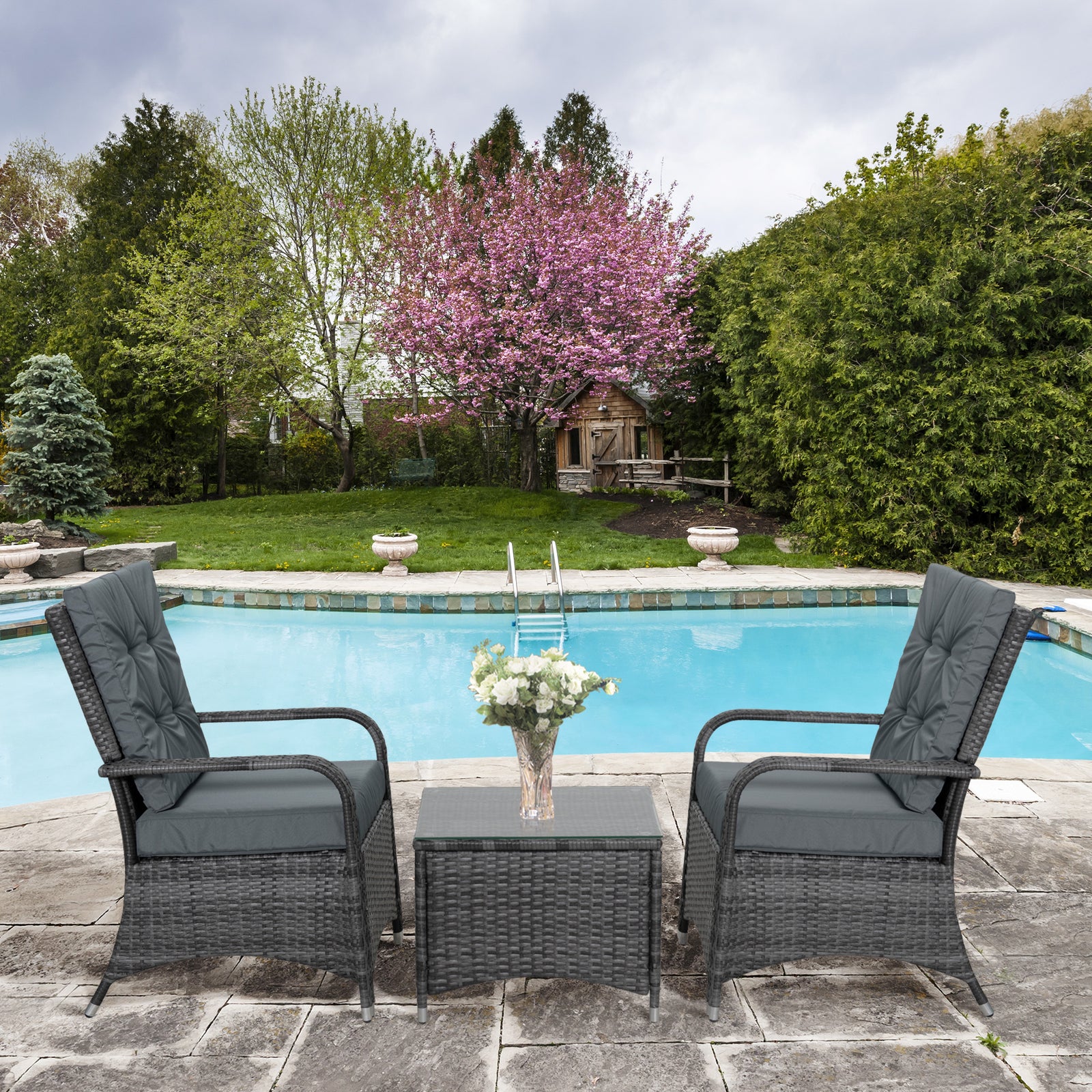 3pc Rattan Table Chair Bistro Garden Furniture Set Wicker | Gray