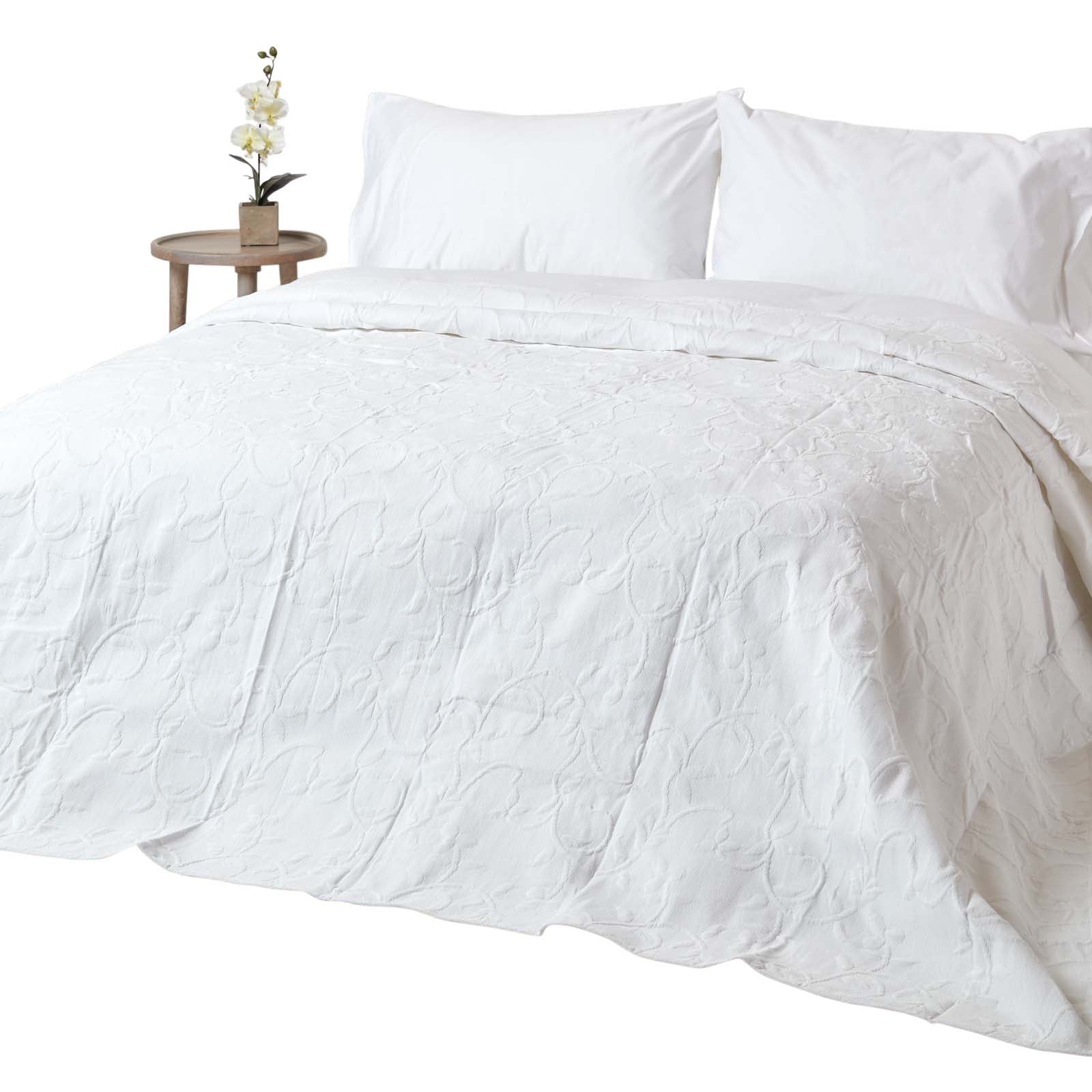 Cotton Rich Floral Metelassé Pattern Bedspread | 260cm x 260cm | White