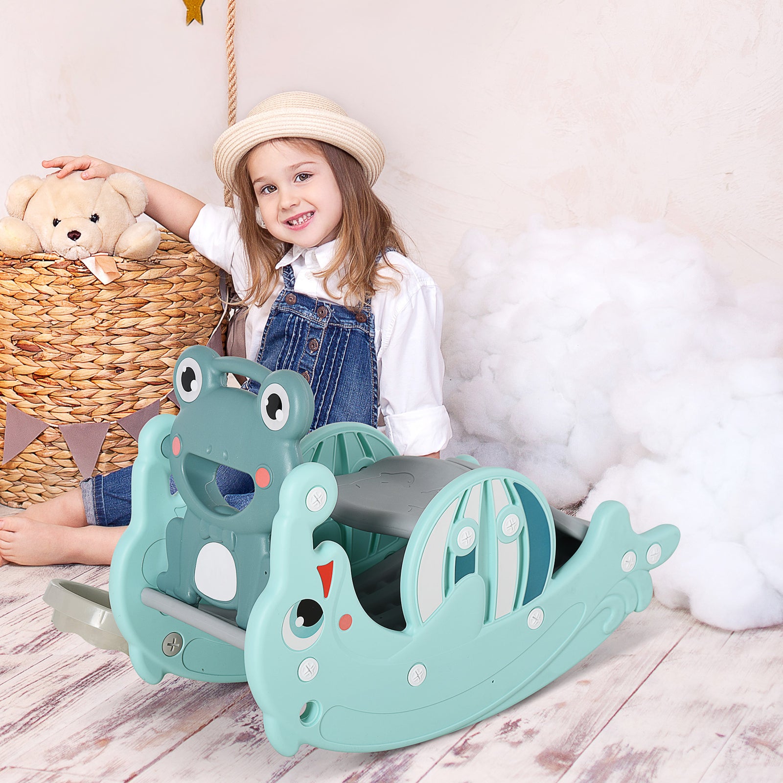 3-in-1 Baby Rocking Horse Portable Slide Basketball Hoop, Age 1.5-3