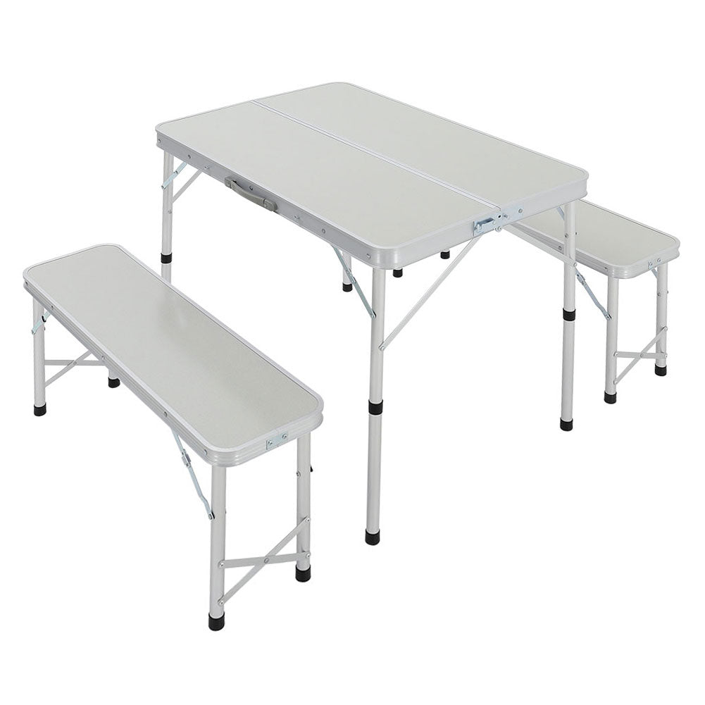 3 Pcs Picnic Table Set Aluminium Portable Folding Camping Table And Benches Set | Set of 3 | Silver
