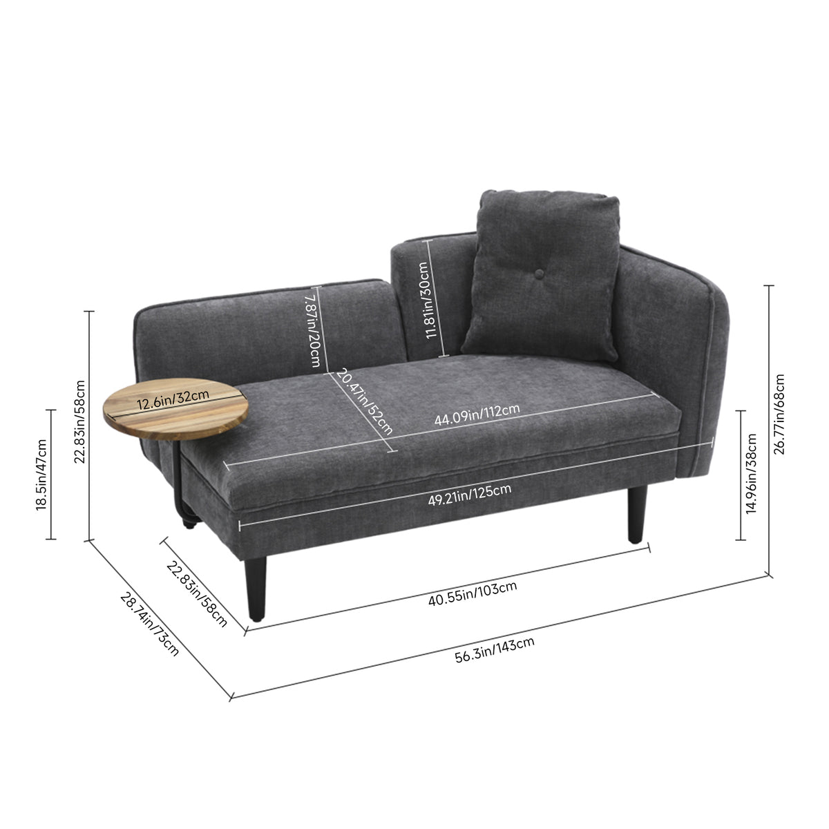 Modern Chaise Lounge With Tray Table & Back Cushion