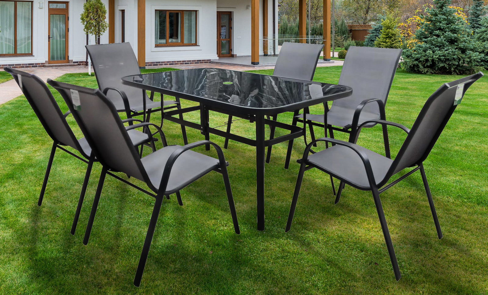 Rufford 6-seater Black And Grey Metal Garden Dining Set For Stylish Outdoor Dining | 6 | Black