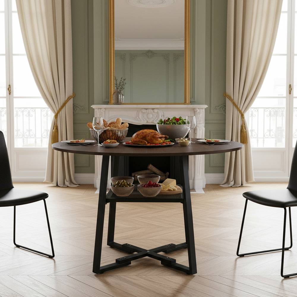 120cm Dia X 76cm H Round Dining Table With Storage Shelf | Dark Brown