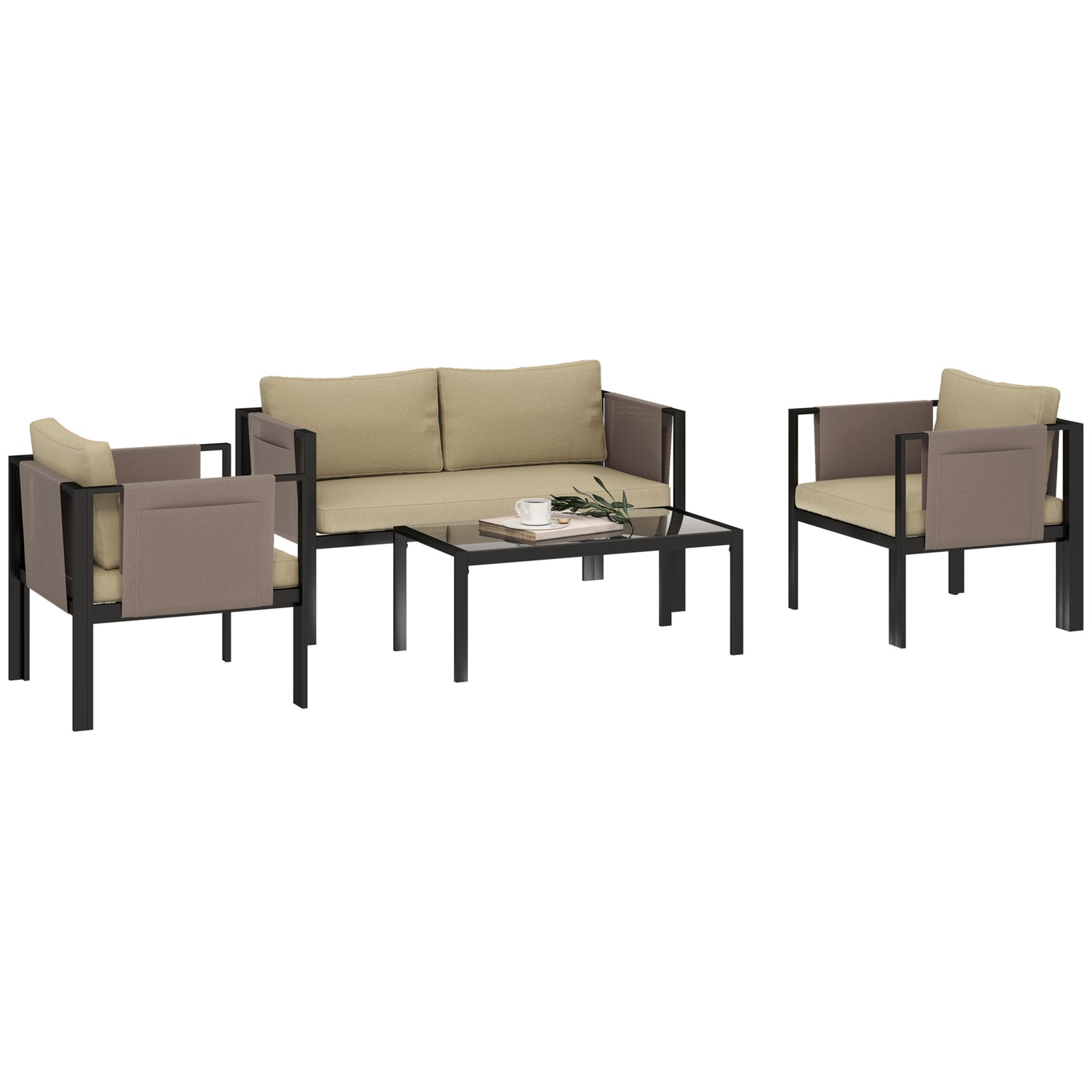 4 Piece Garden Sofa Set W/ Tempered Glass Coffee Table