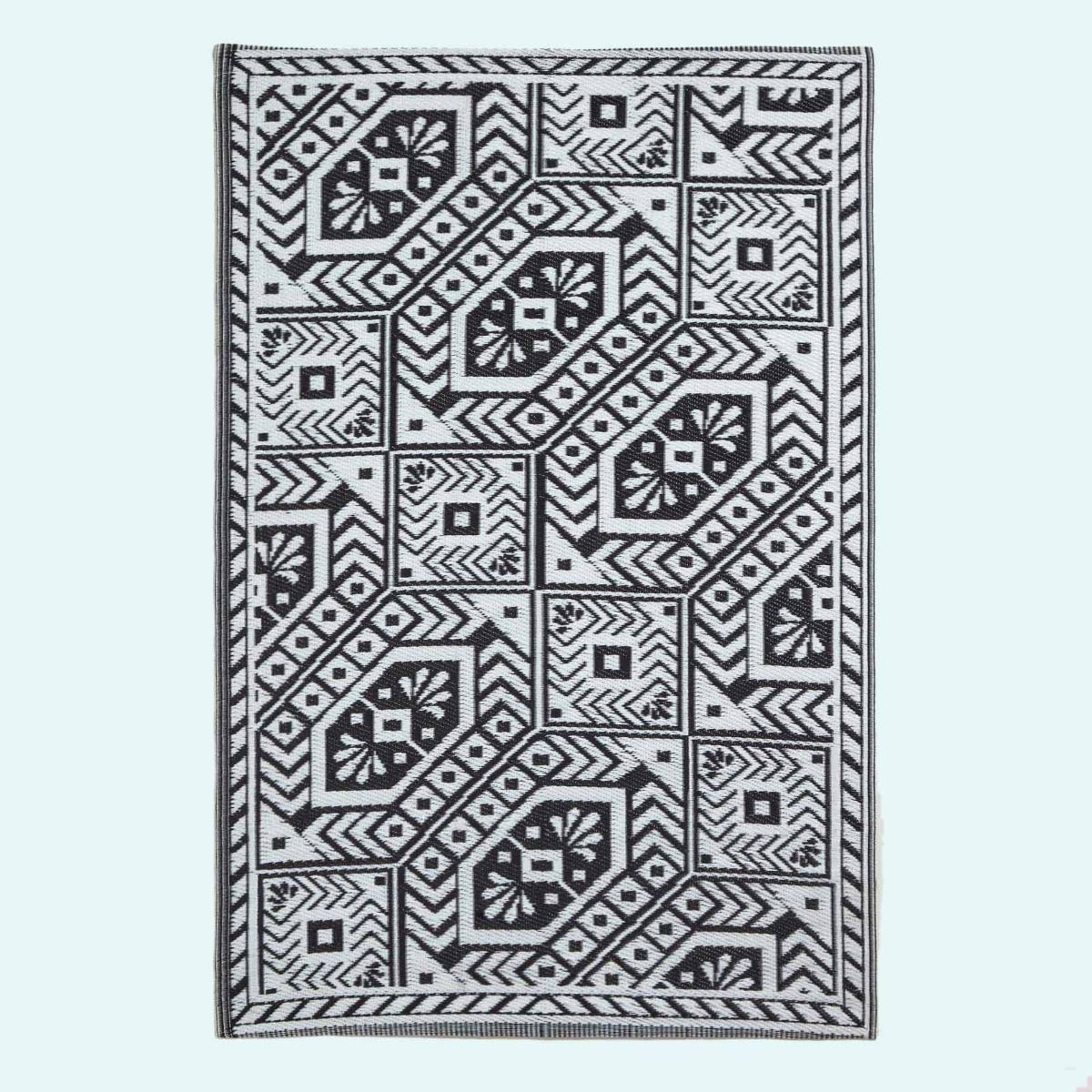 Luxury Outdoor Rug Waterproof Reversible Round For Garden Patio, Black Geometric Aztec