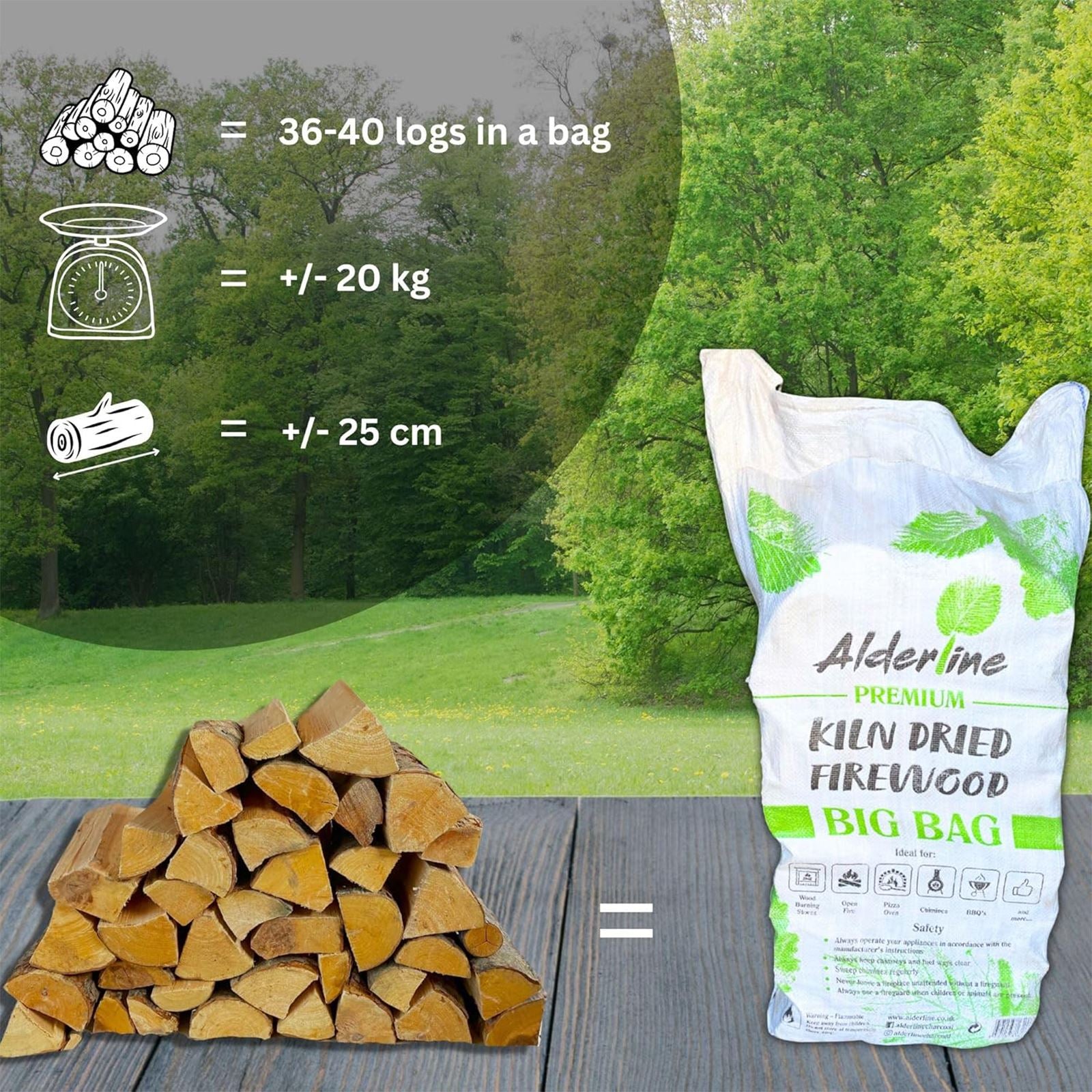 Alderline Bag Of Kiln Dried Birch Firewood | 20kg | Natural