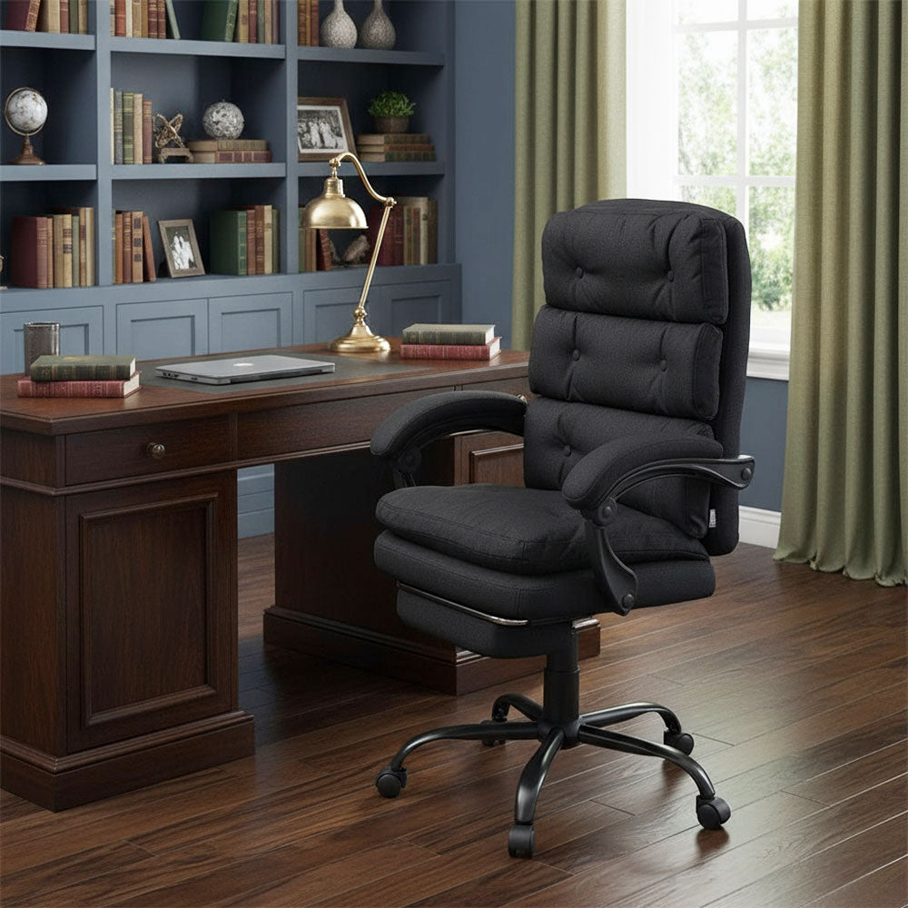 Ergonomic Black Linen Office Chair – Recline 135°, Retractable Footrest, Adjustable Height, Swivel Base