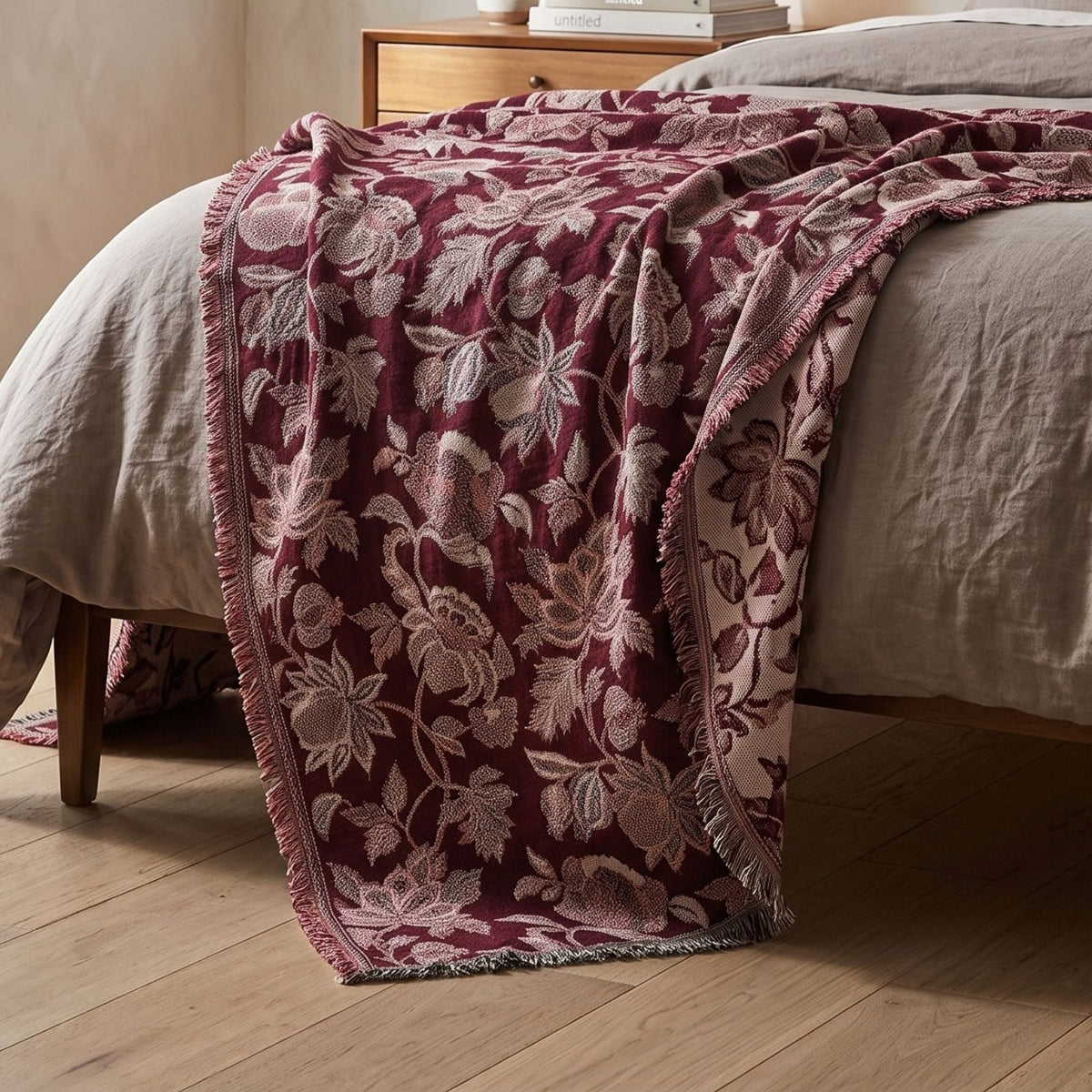 Pure Handmade 100% Cotton Heritage Floral Jacquard Bed & Sofa Throw Blanket, Maroon